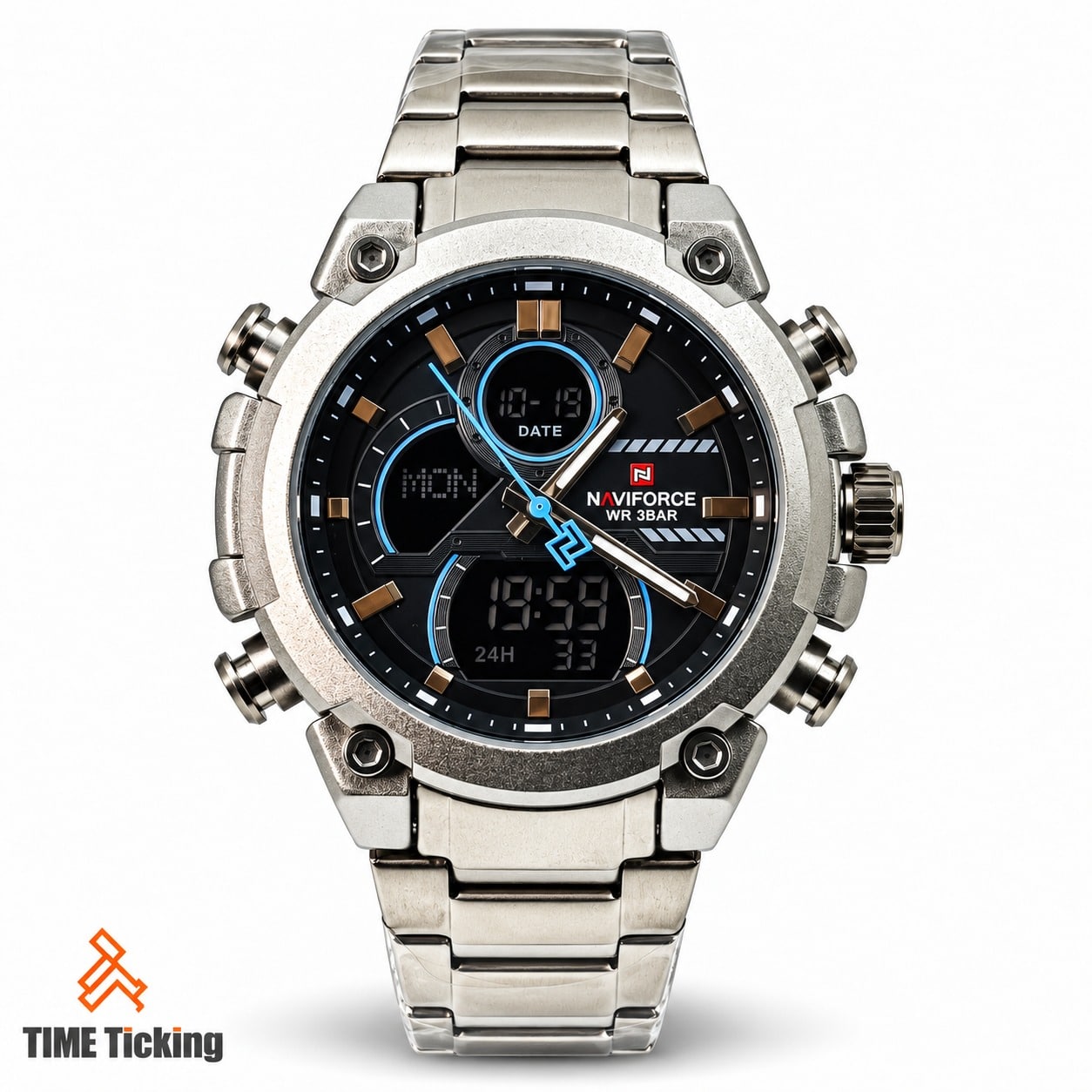 NAVIFORCE NF9278 men's analog-digital watch featuring a black multifunction dial, bright blue digital display accents, silver-tone rugged case, bronze-tone hour markers, dual LCD displays, and a silver stainless steel bracelet.