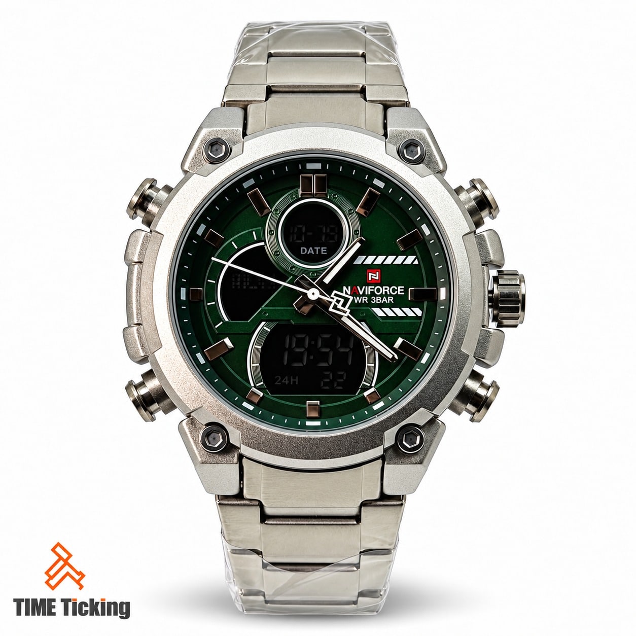 NAVIFORCE NF9278 men's analog-digital watch featuring a dark green multifunction dial, rugged silver-tone case, dual digital displays, silver stainless steel bracelet, and date display. Short Description: Stand out with the NAVIFORCE NF9278 Men's Analog-Digital Watch, featuring a bold dark green dial, a rugged silver-tone case, and a matching stainless steel bracelet. Its combination of analogue hands and digital displays delivers a sporty, modern look with practical everyday functions. Designed with a date display, alarm, stopwatch, calendar, and backlight, this multifunction watch is ideal for daily wear, work, and casual outings. Shop NAVIFORCE watches at Time Ticking, Bangladesh.