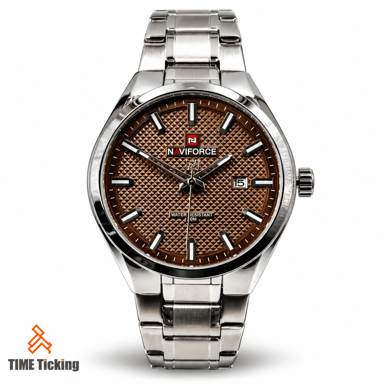 NAVIFORCE NF9284 men's silver stainless steel wristwatch featuring a brown textured dial, luminous-style hour markers, and date display.