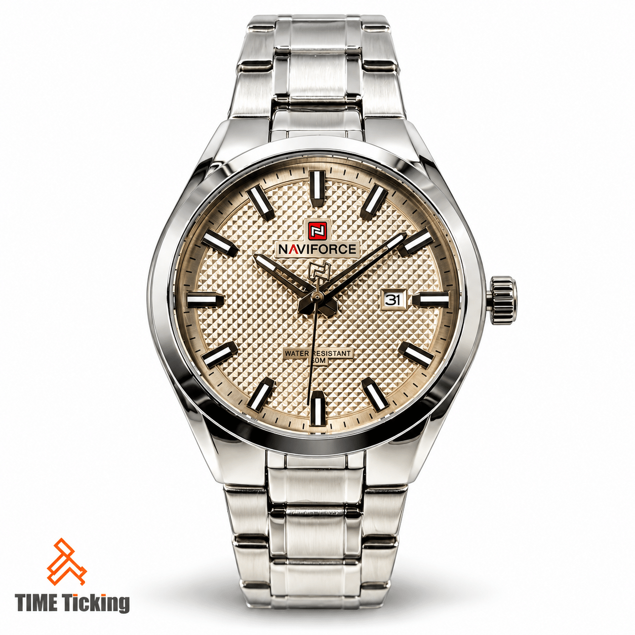 NAVIFORCE NF9284 Silver Ash men's watch featuring a silver textured dial, silver-tone metal bracelet, luminous-style hour markers and date display.