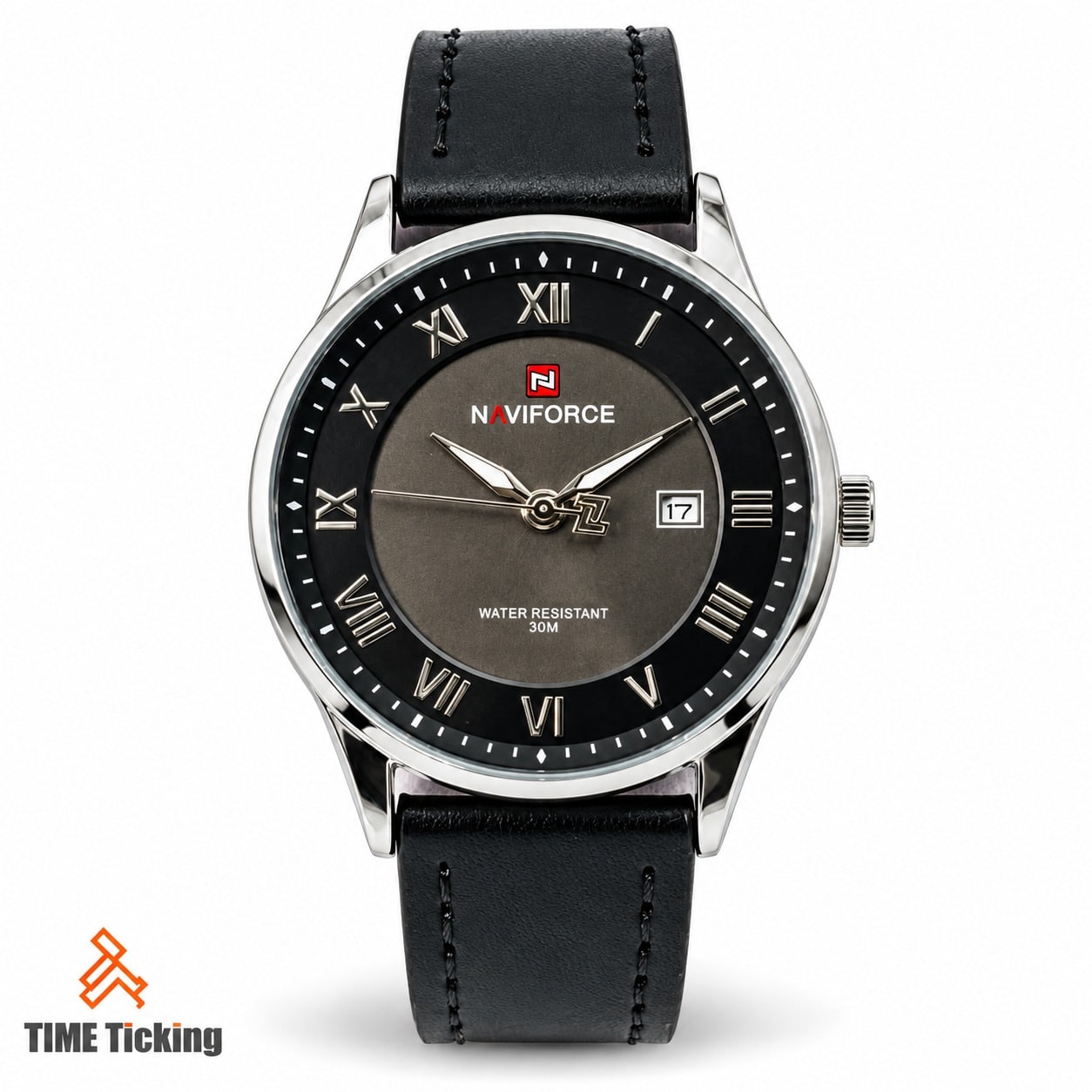 NAVIFORCE NF9290 men's watch featuring a black and charcoal dial, silver-tone case, Roman numeral hour markers, date window, and black stitched leather strap.