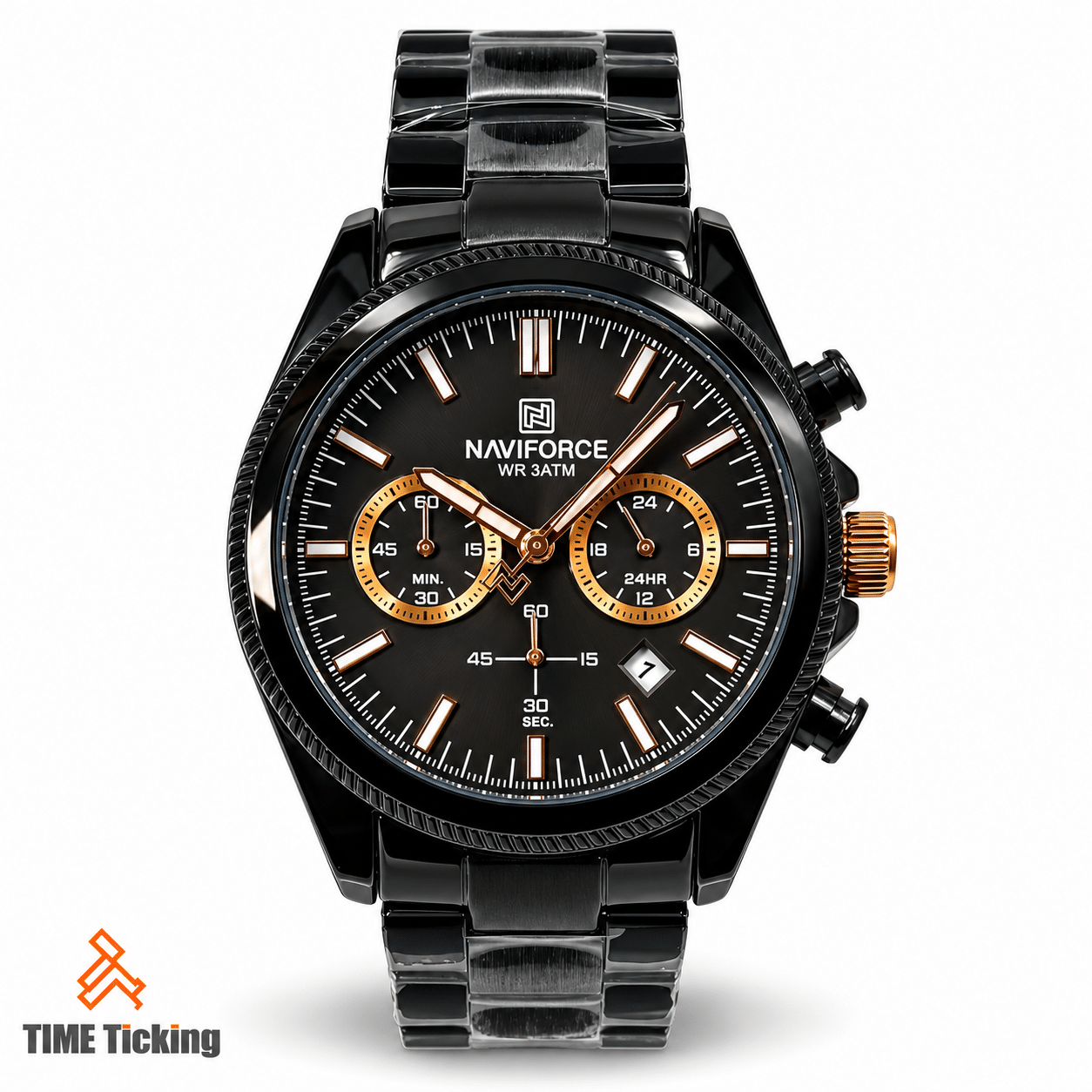 Naviforce 8082 men's watch with black stainless steel bracelet, dark dial, gold-tone sub-dials and black case
