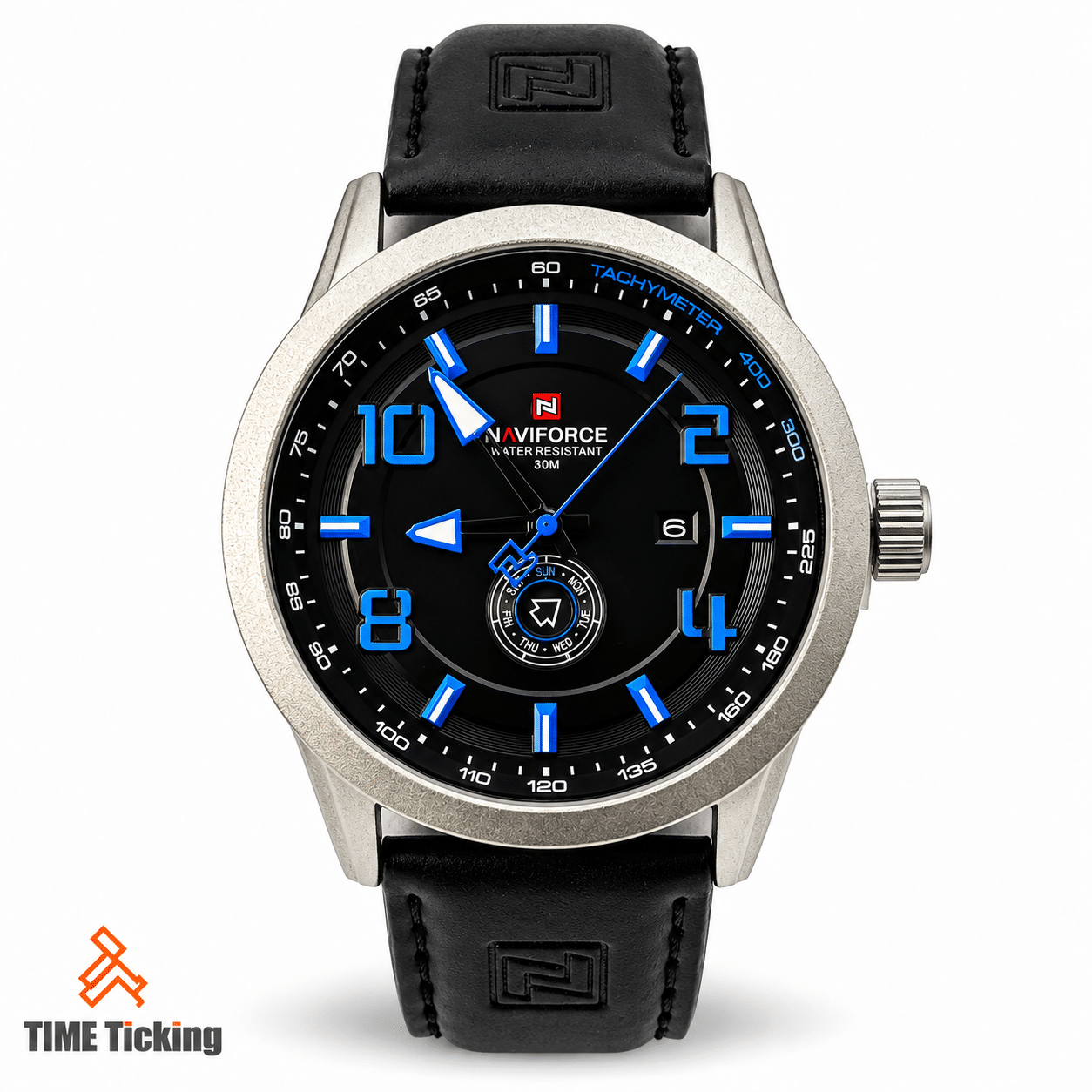 Naviforce NF9229 men's watch featuring a black dial, blue hour markers, silver-tone case and black leather strap