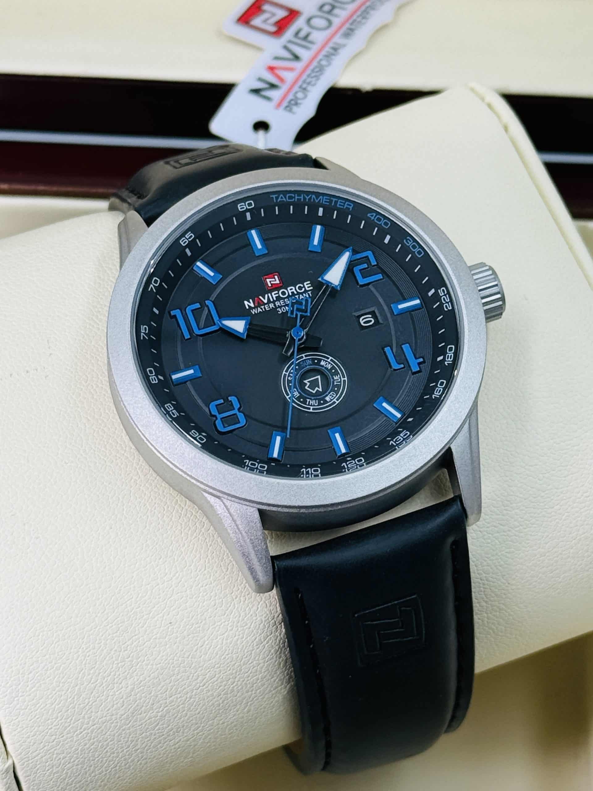 Naviforce NF9229 Men's Black Leather Strap Watch with Blue Dial Markers - Image 5