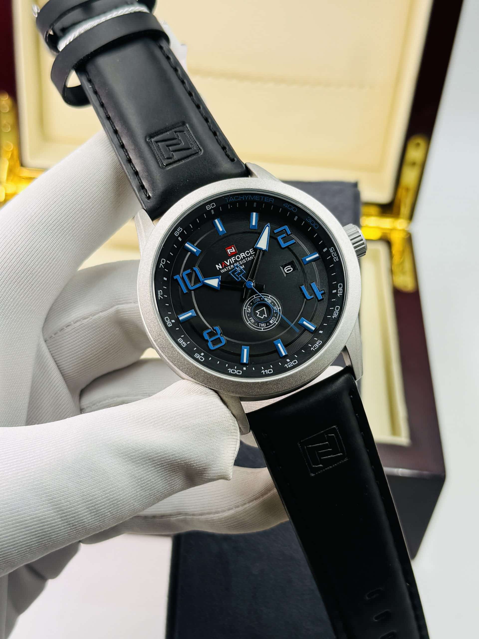 Naviforce NF9229 Men's Black Leather Strap Watch with Blue Dial Markers - Image 2