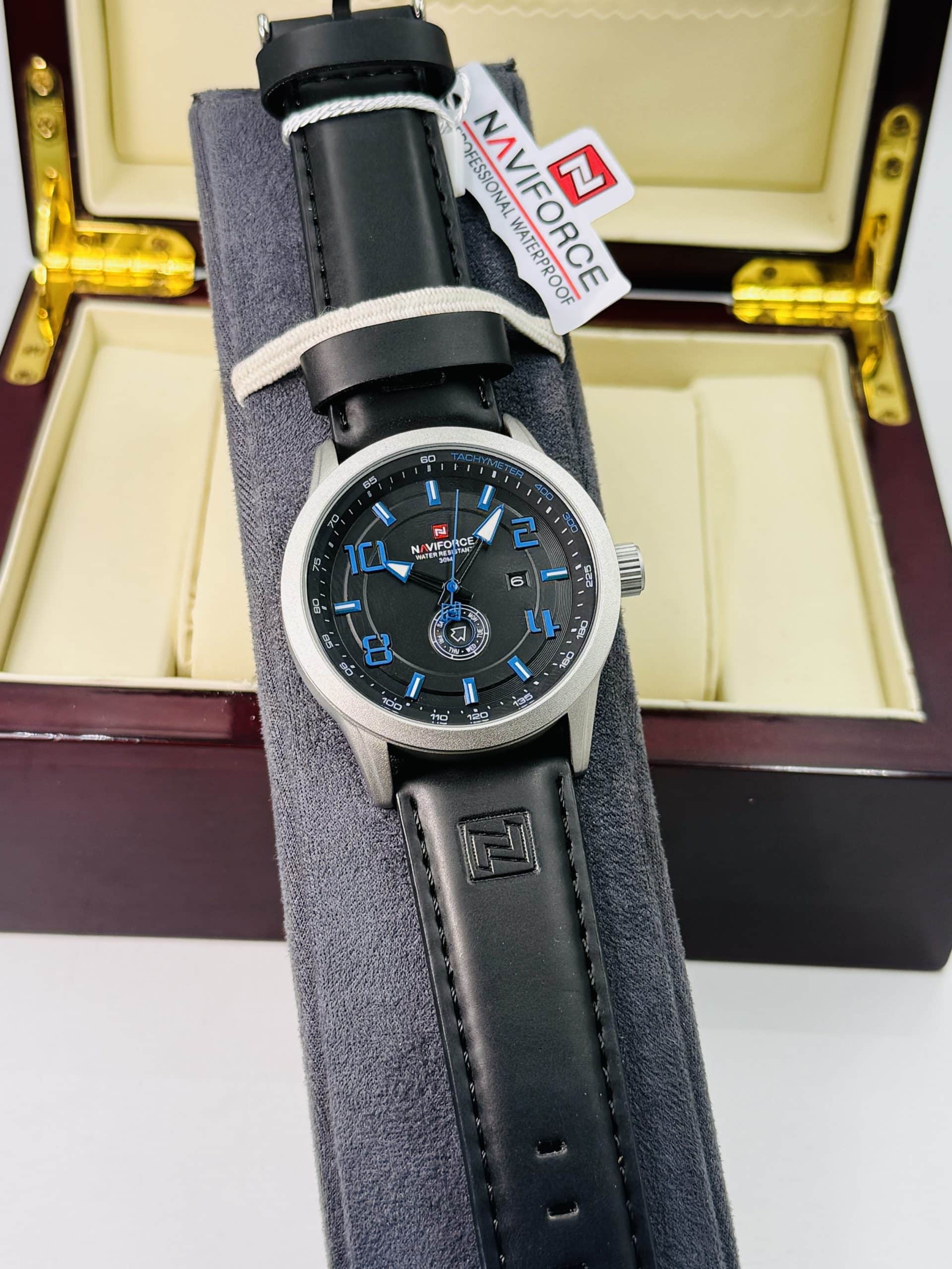Naviforce NF9229 Men's Black Leather Strap Watch with Blue Dial Markers - Image 6