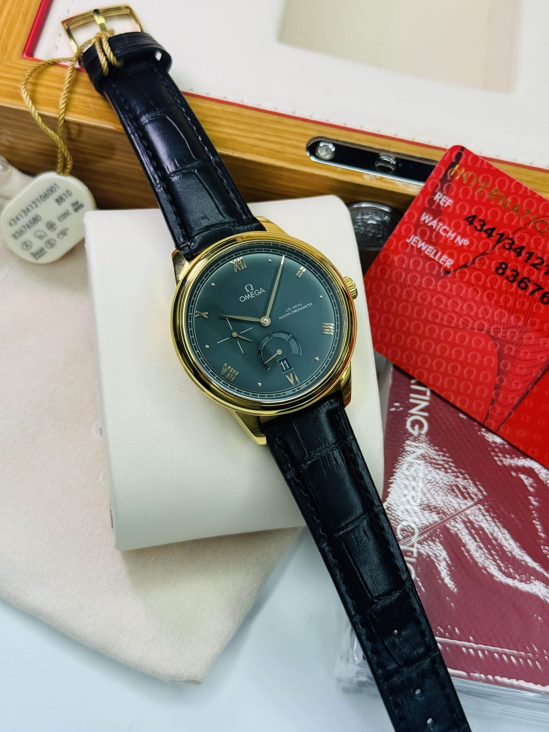 OMEGA De Ville Prestige-Inspired 41mm Men's Green Dial Gold-Tone Watch with Black Leather-Style Strap - Image 2