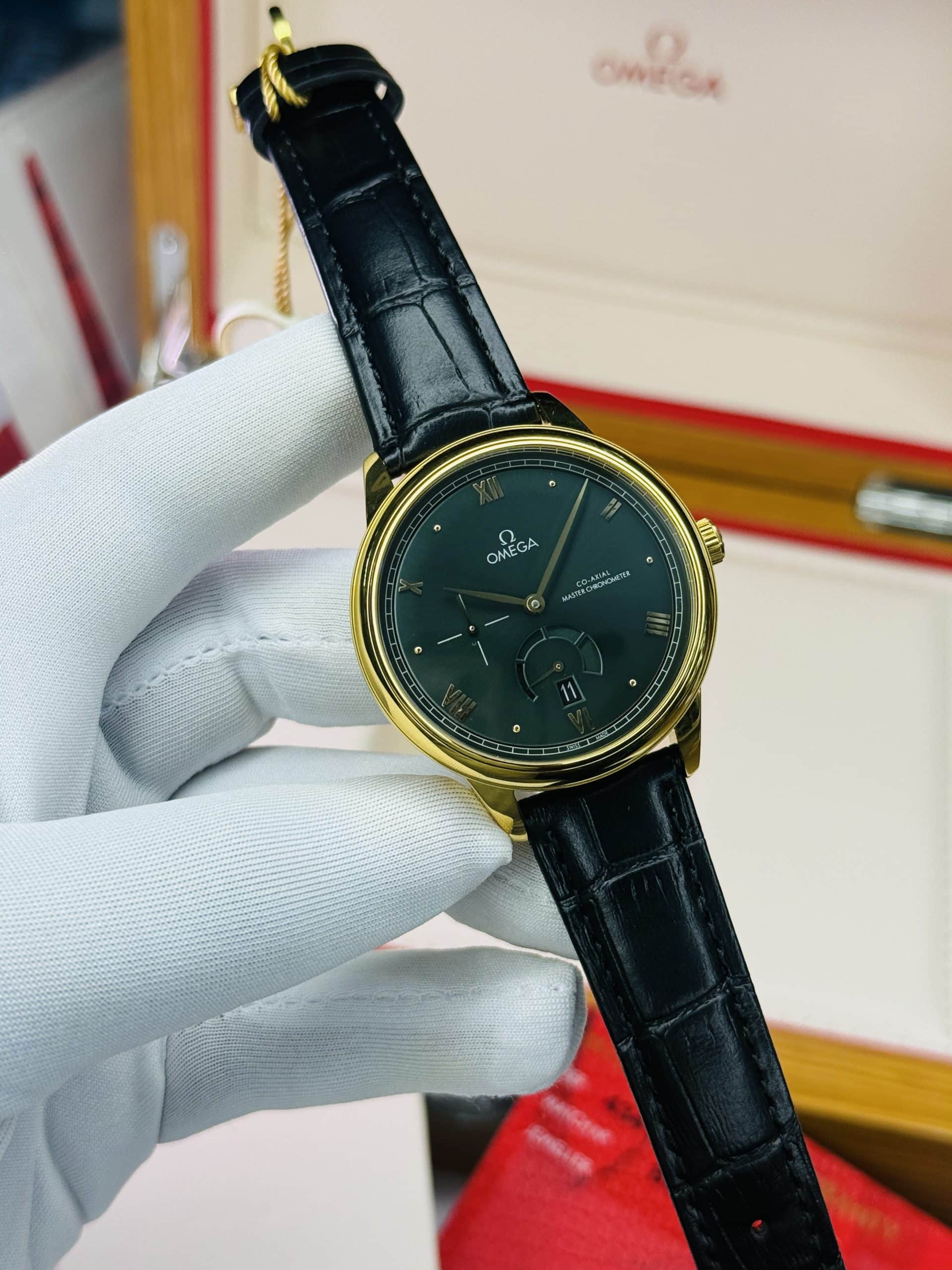 OMEGA De Ville Prestige-Inspired 41mm Men's Green Dial Gold-Tone Watch with Black Leather-Style Strap - Image 3