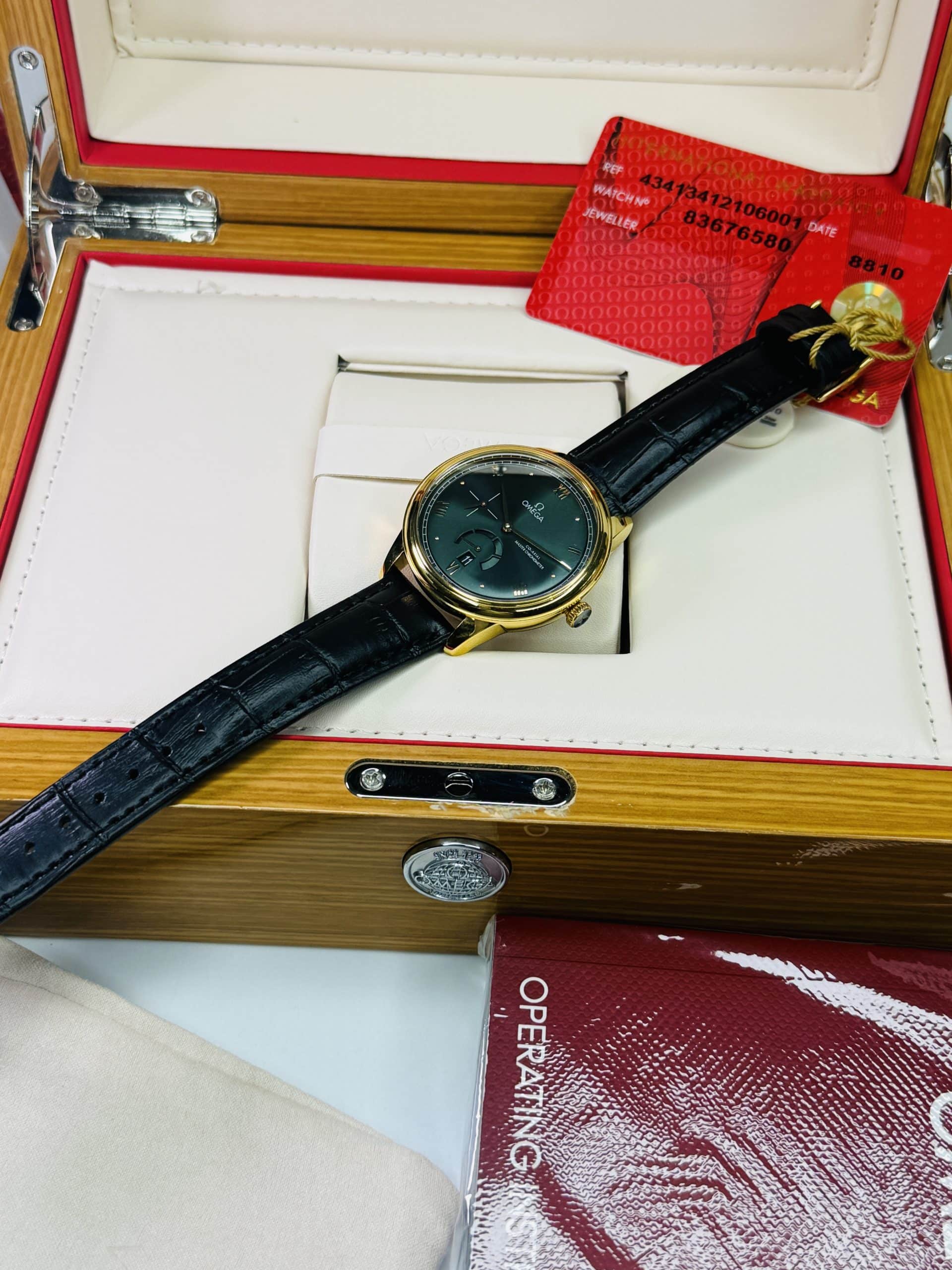 OMEGA De Ville Prestige-Inspired 41mm Men's Green Dial Gold-Tone Watch with Black Leather-Style Strap - Image 10