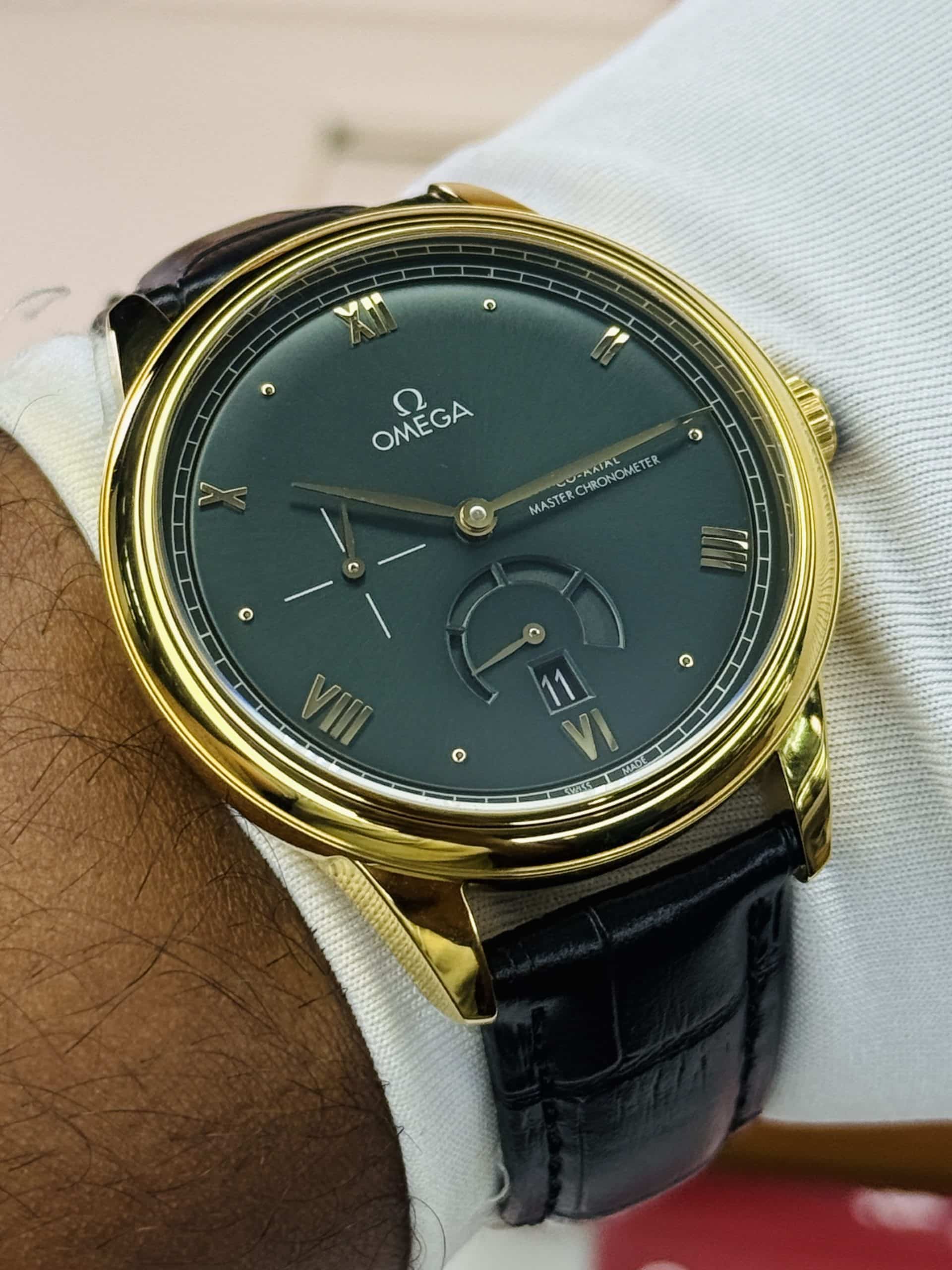 OMEGA De Ville Prestige-Inspired 41mm Men's Green Dial Gold-Tone Watch with Black Leather-Style Strap - Image 11