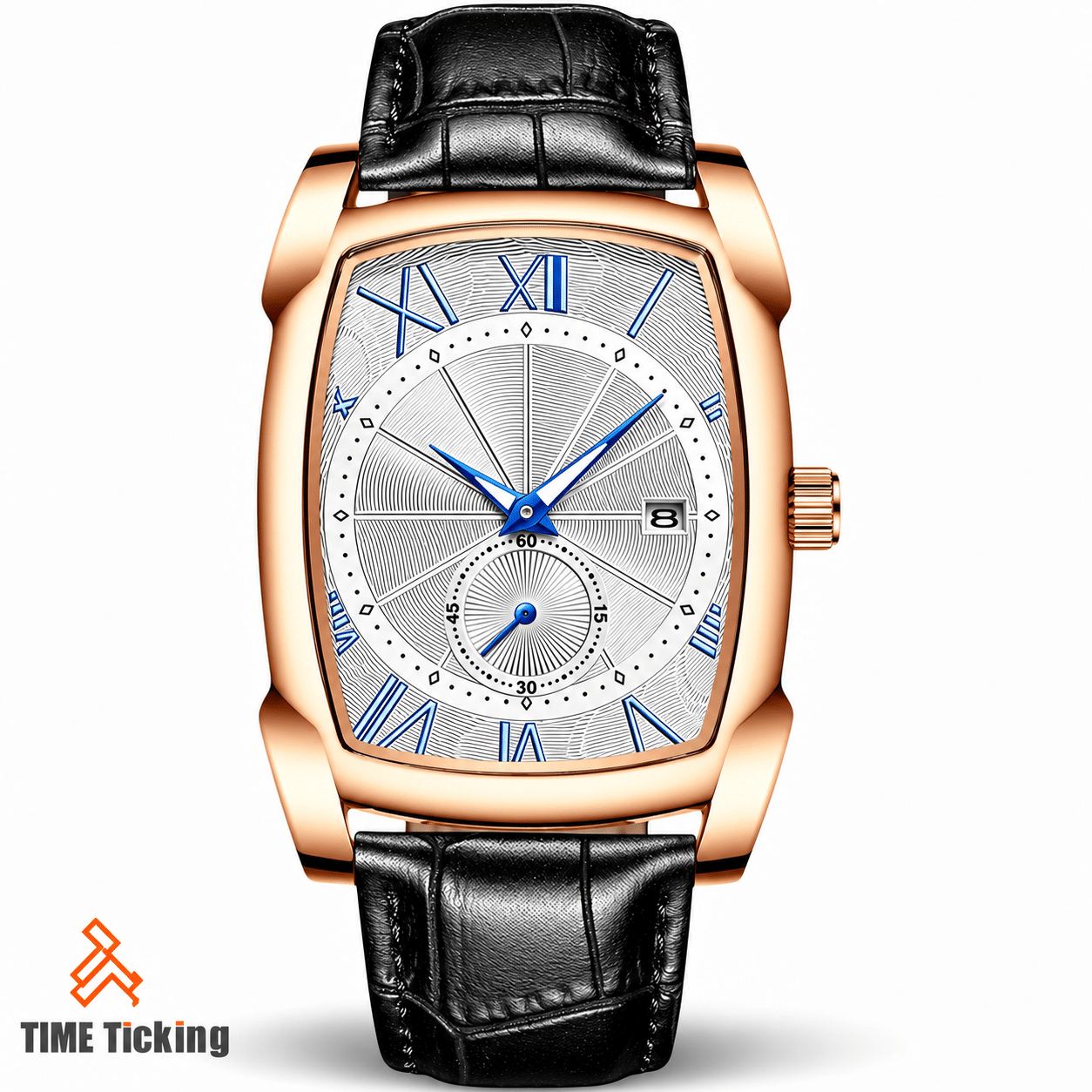 Chenxi CX-8209 men's quartz watch with white dial, black band, rose gold case, and 22 mm band width.
