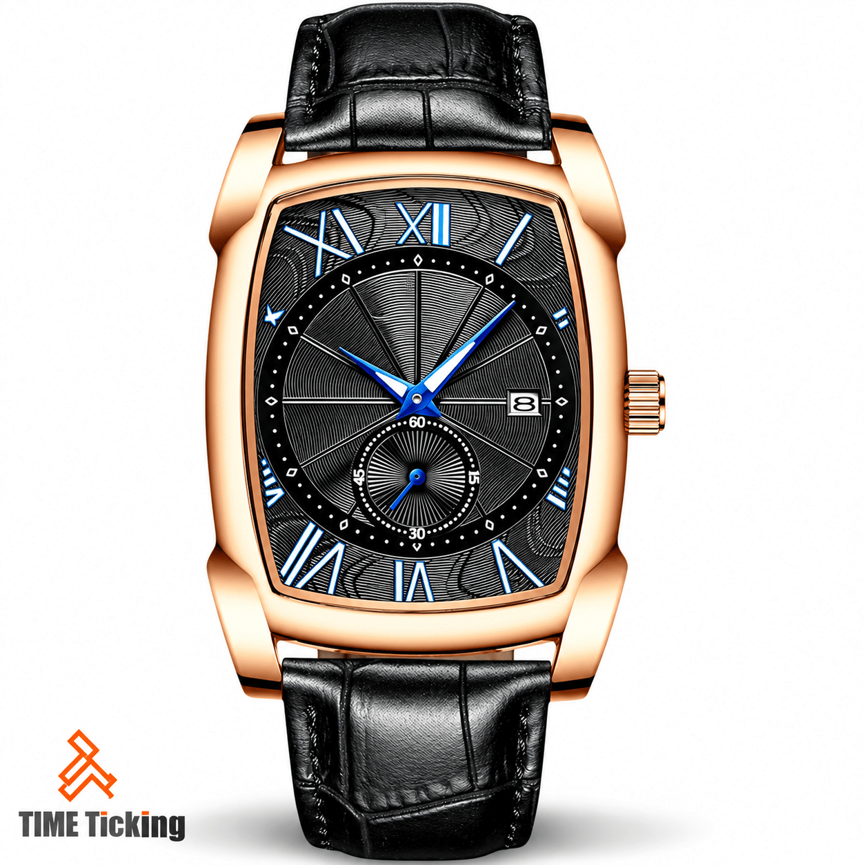 Chenxi CX-8209 men's quartz watch with black dial, black belt, rose gold case, and 22 mm band.