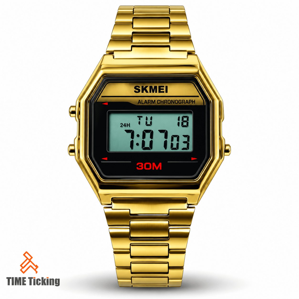 SKMEI 1123 gold digital wristwatch with a black rectangular display, gold-tone metal bracelet, alarm chronograph functions, and 30M water resistance marking.