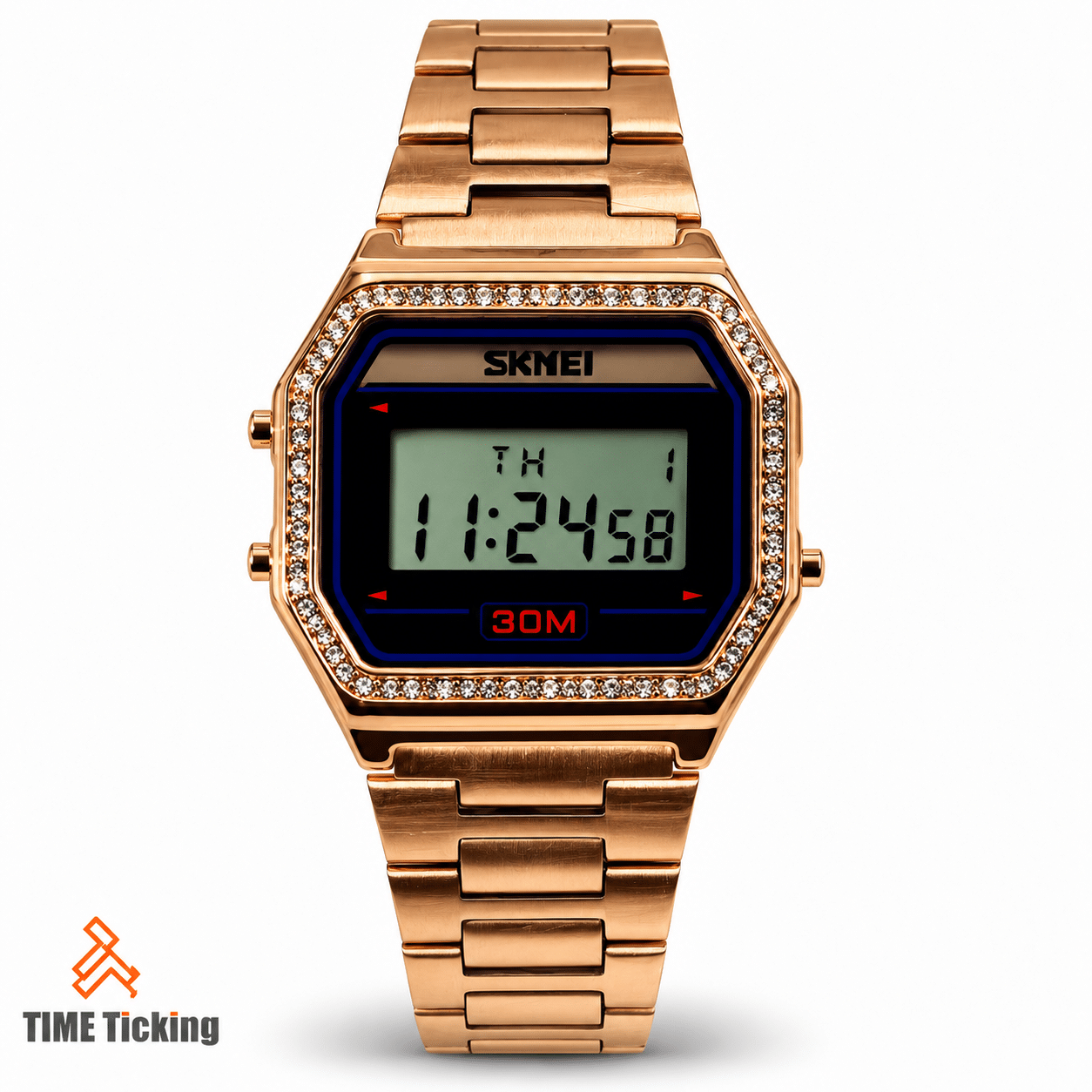 SKMEI 1123 rose gold digital watch with black LCD display, crystal-style bezel, angular case, and matching rose gold metal bracelet.
