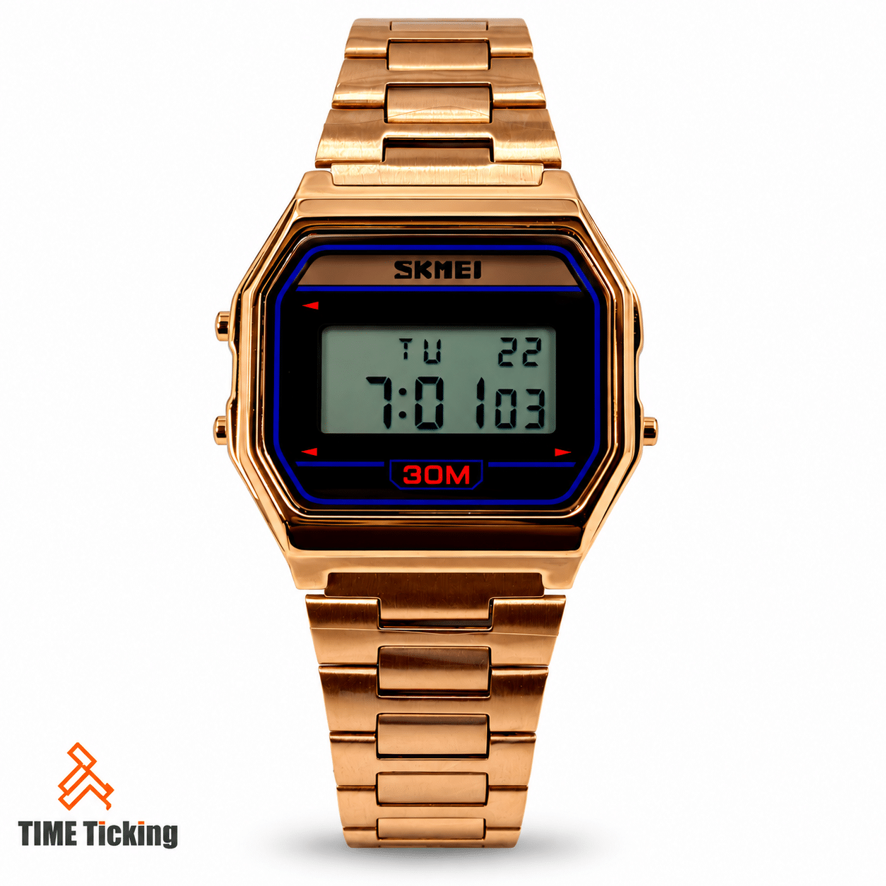 SKMEI 1123 rose gold digital wristwatch with a black LCD display, rose gold-tone metal bracelet, angular rectangular case, and 30M water resistance marking.