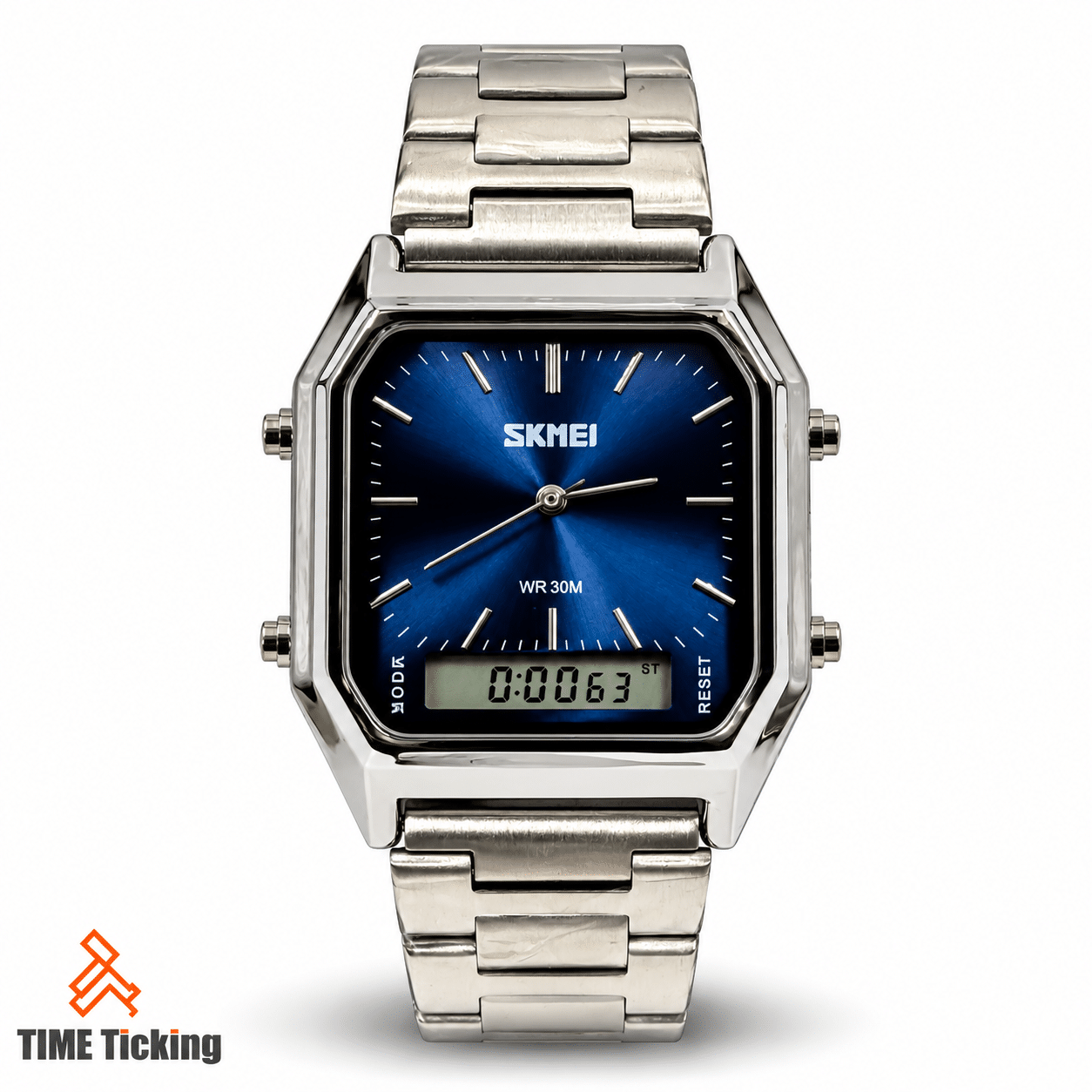 SKMEI 1220 silver-tone watch with a blue sunray dial, rectangular case, stainless steel bracelet, analog hands and digital display.