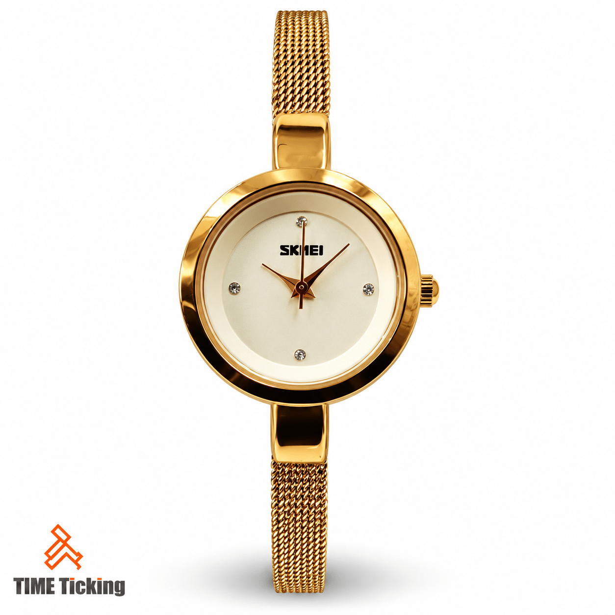 SKMEI 1390 rose gold women’s wristwatch featuring a white round dial, minimalist design, crystal hour markers, and a stainless steel mesh bracelet strap.