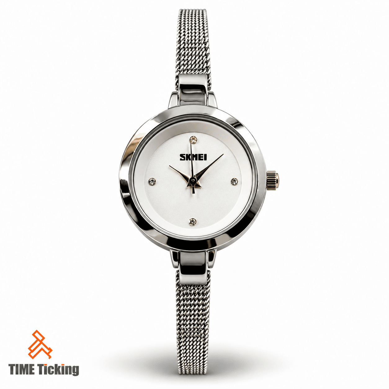 SKMEI 1390 silver women’s watch featuring a white round dial, polished silver-tone case, crystal-style hour markers, and stainless steel mesh bracelet.
