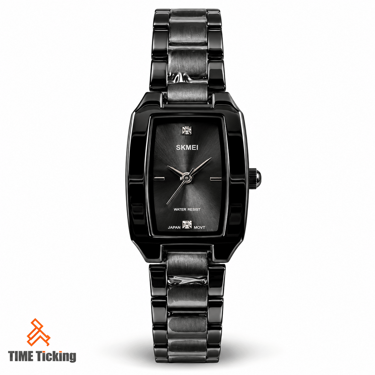 SKMEI 1400 women's black watch featuring a black sunburst dial, rectangular case, glossy black metal bracelet, minimalist silver-tone hands, and elegant slim design.