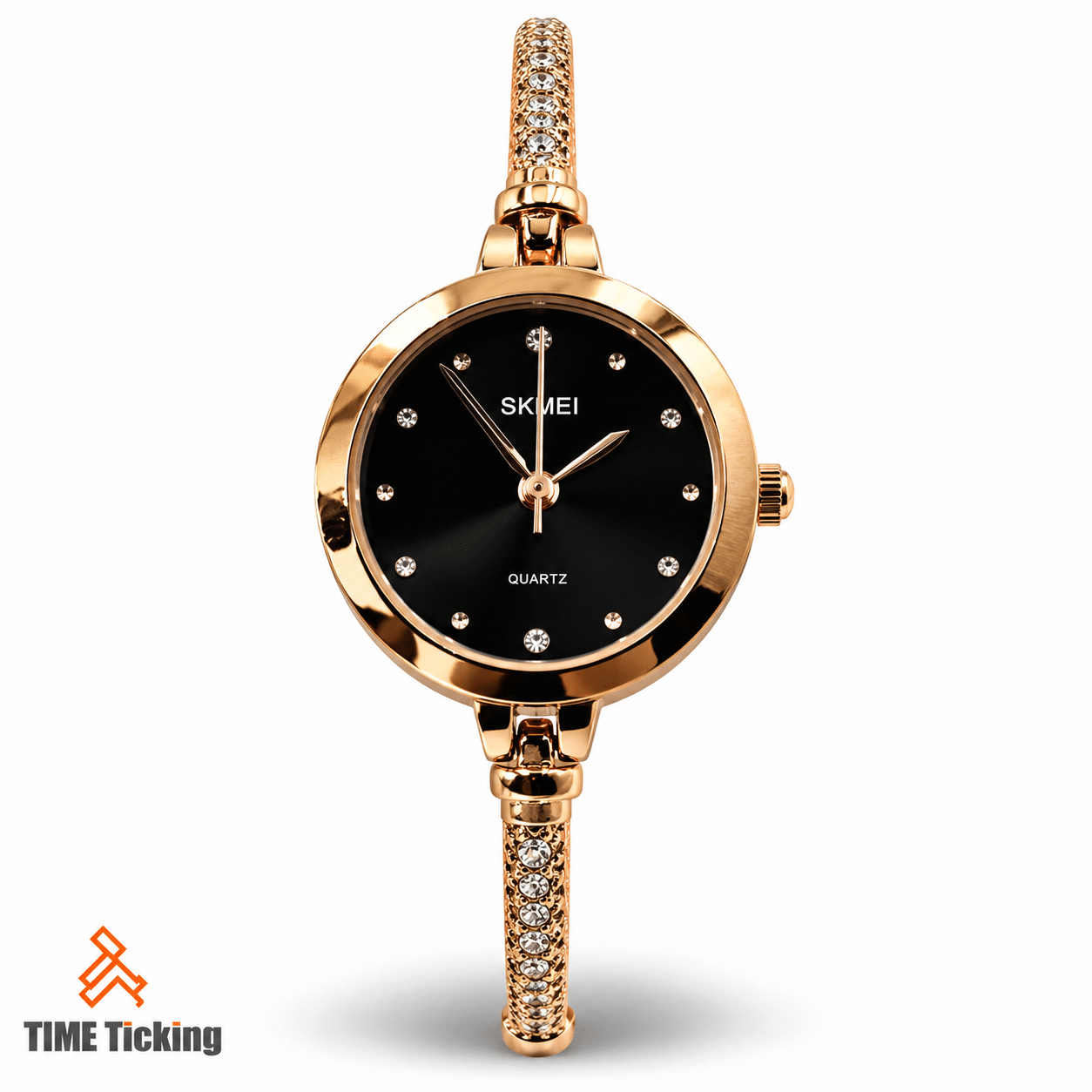 SKMEI 1805 rose gold women’s watch with a black round dial, crystal-style hour markers, polished rose gold-tone case, and decorative crystal bracelet.