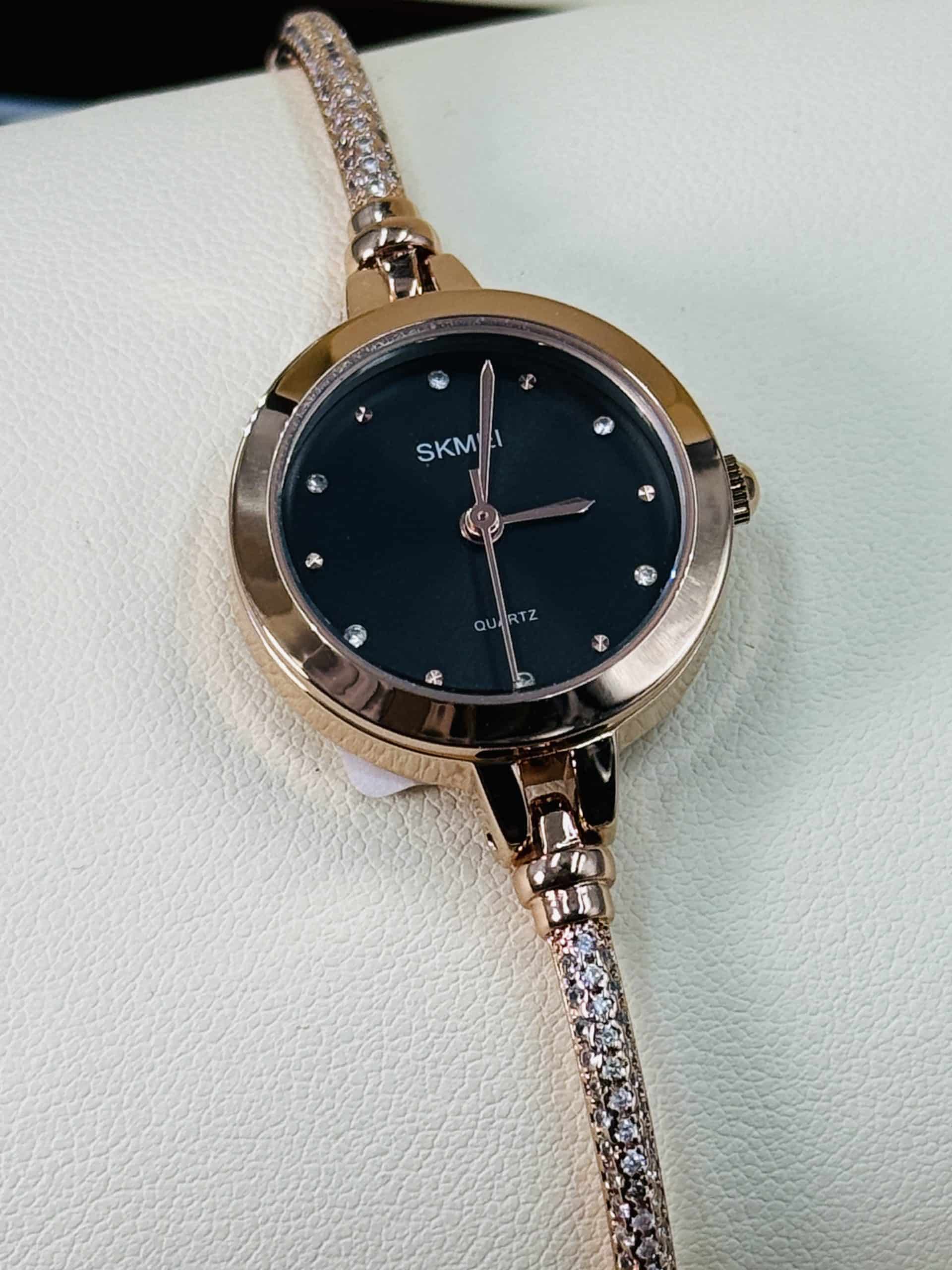 SKMEI 1805 Rose Gold Women’s Watch with Black Dial & Crystal Bracelet - Image 3