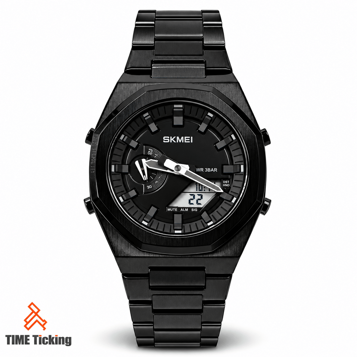 SKMEI 1816 all-black analog-digital men's watch with round black dial, white hands, black metal bracelet and digital LCD display.