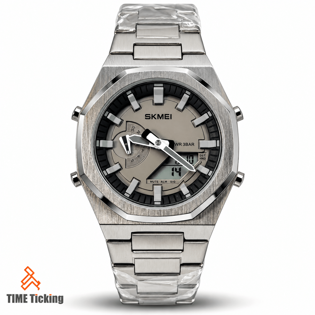 SKMEI 1816 silver-tone analog-digital men's watch with round grey dial, angular silver case, metal bracelet, white hands and digital display.