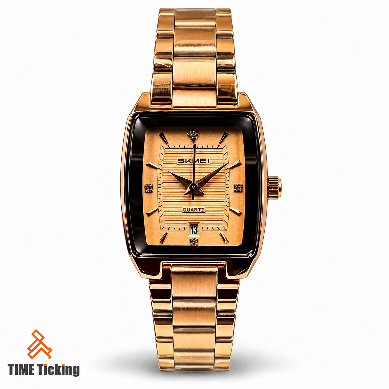 SKMEI 2578 women's rose gold watch featuring a matching rose gold textured dial, rectangular case, decorative crystal-style hour markers, date display, and metal bracelet.