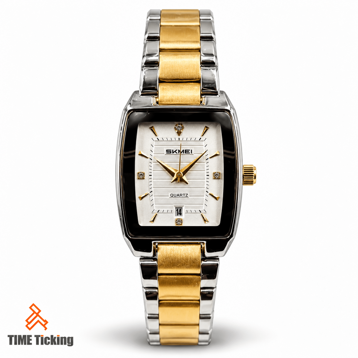 SKMEI 2578 women's two-tone watch with gold and silver stainless steel bracelet, white textured rectangular dial, gold-tone hour markers, quartz display, and date window.