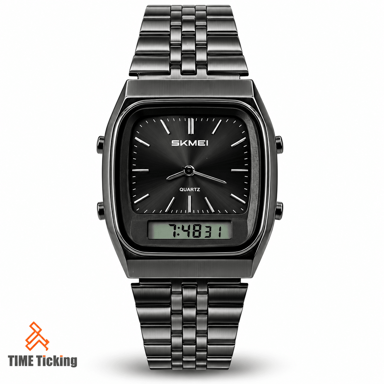 SKMEI 2585 black analog-digital watch with black sunray dial, dark rectangular case, matching metal bracelet and digital LCD display.