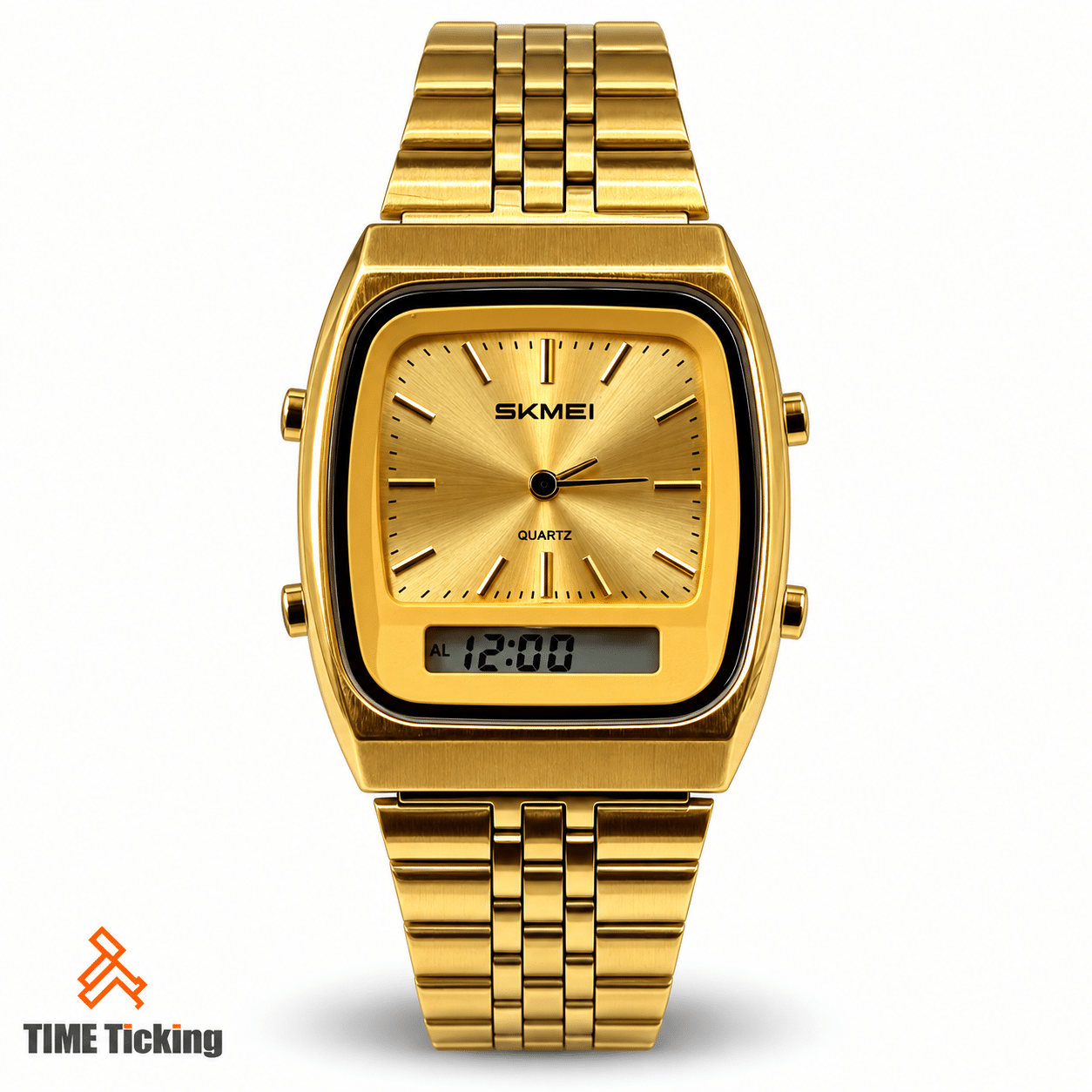 SKMEI 2585 gold-tone analog-digital watch with gold sunray dial, rectangular case, matching metal bracelet and digital LCD display.