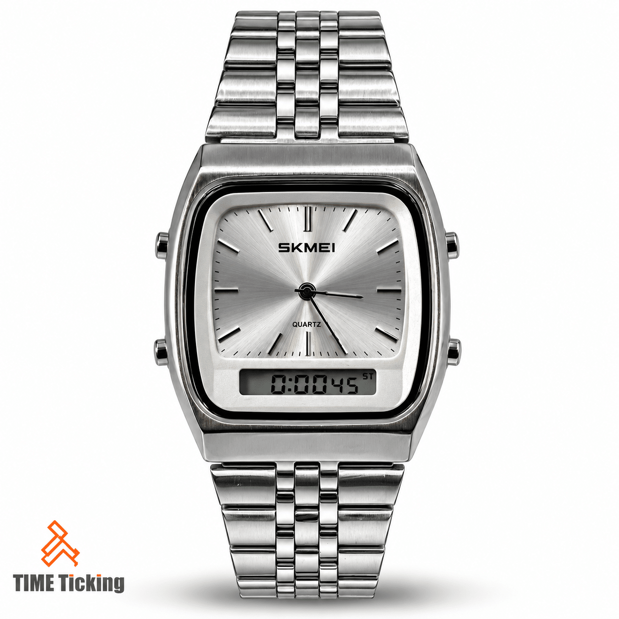 SKMEI 2585 silver-tone analog-digital watch with silver sunray dial, rectangular case, stainless steel bracelet and digital LCD display.