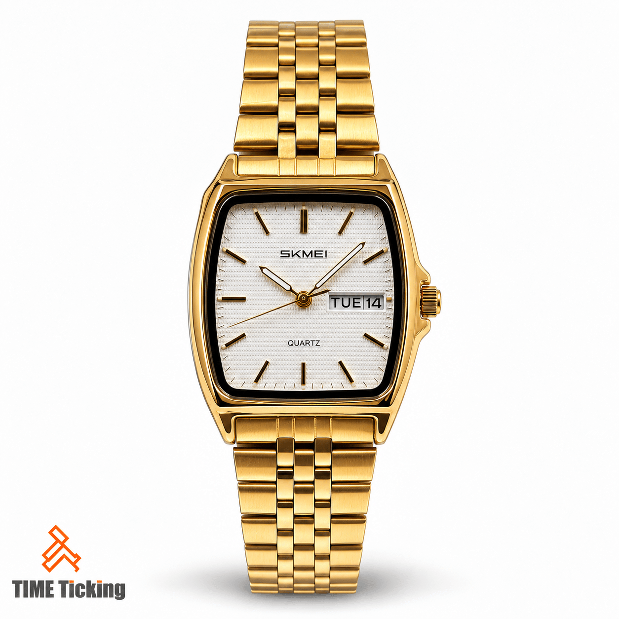 SKMEI 2628 women's gold-tone watch featuring a silver textured dial, rectangular cushion-shaped case, gold stainless steel bracelet, luminous hands and day-date display.