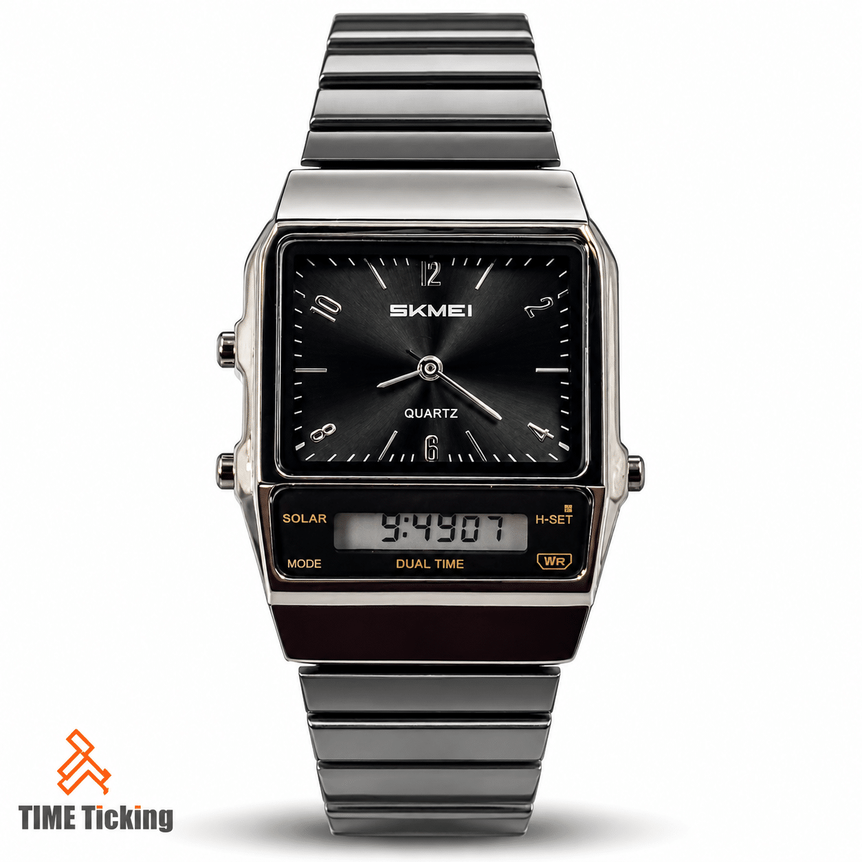 SKMEI 2632 watch with black rectangular dial, silver-tone metal bracelet, analog hands and digital display.
