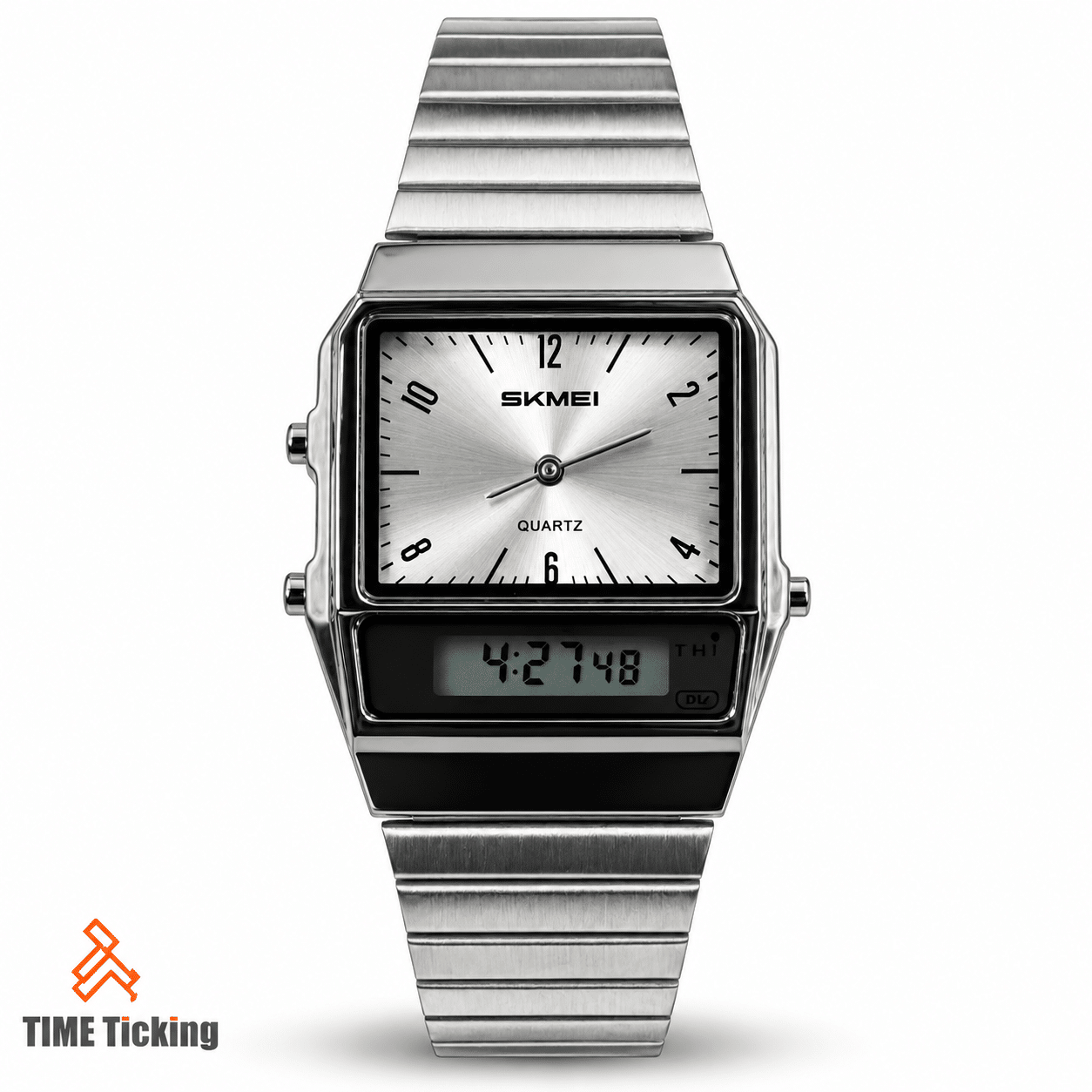 SKMEI 2632 silver men's watch with rectangular sunray dial, stainless steel bracelet, analog hands and digital display.