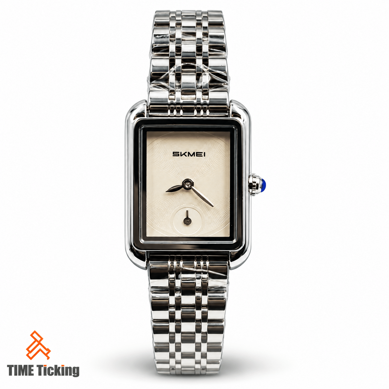 SKMEI 2670 women's silver dial watch with rectangular silver-tone case, textured dial, analog hands, small seconds subdial, and stainless steel bracelet.