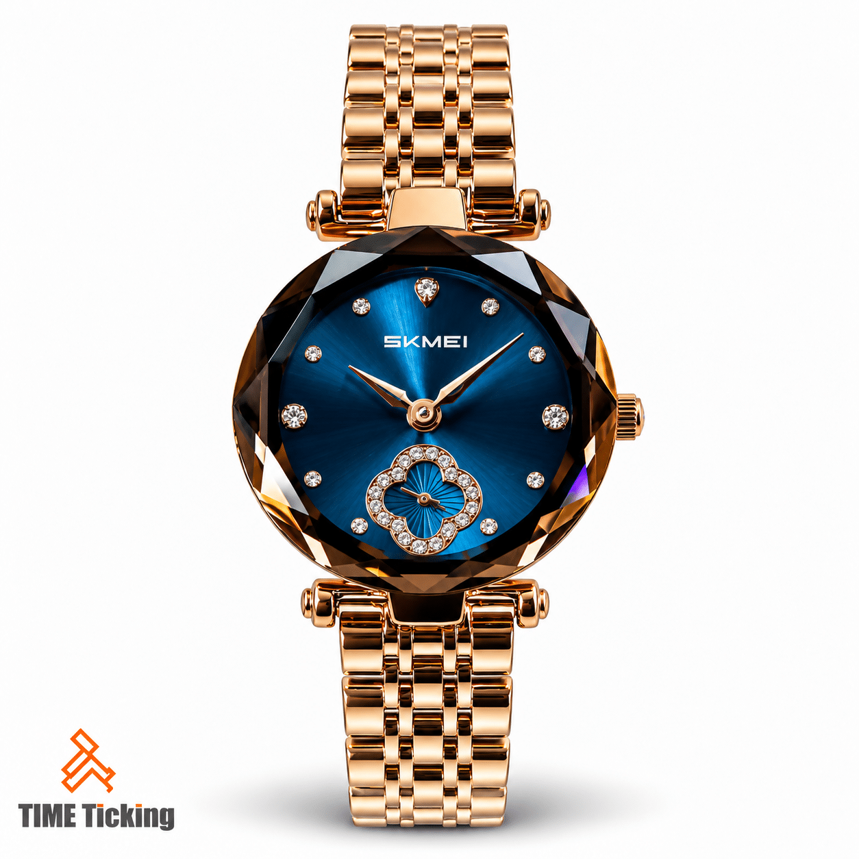 SKMEI 2718 women's rose gold watch featuring a blue sunburst dial, faceted round case, crystal-style hour markers, decorative clover-shaped detail, and matching rose gold-tone stainless steel bracelet.