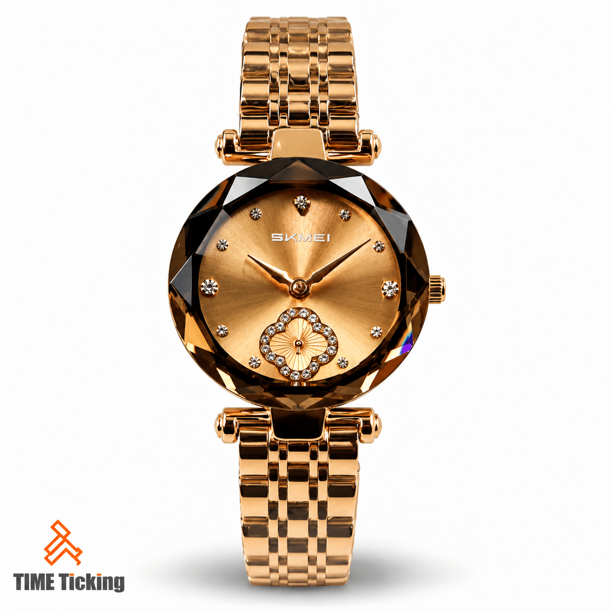SKMEI 2718 women's rose gold watch featuring a champagne gold sunburst dial, faceted round bezel, crystal-style hour markers, decorative clover-shaped detail, and matching rose gold-tone metal bracelet.
