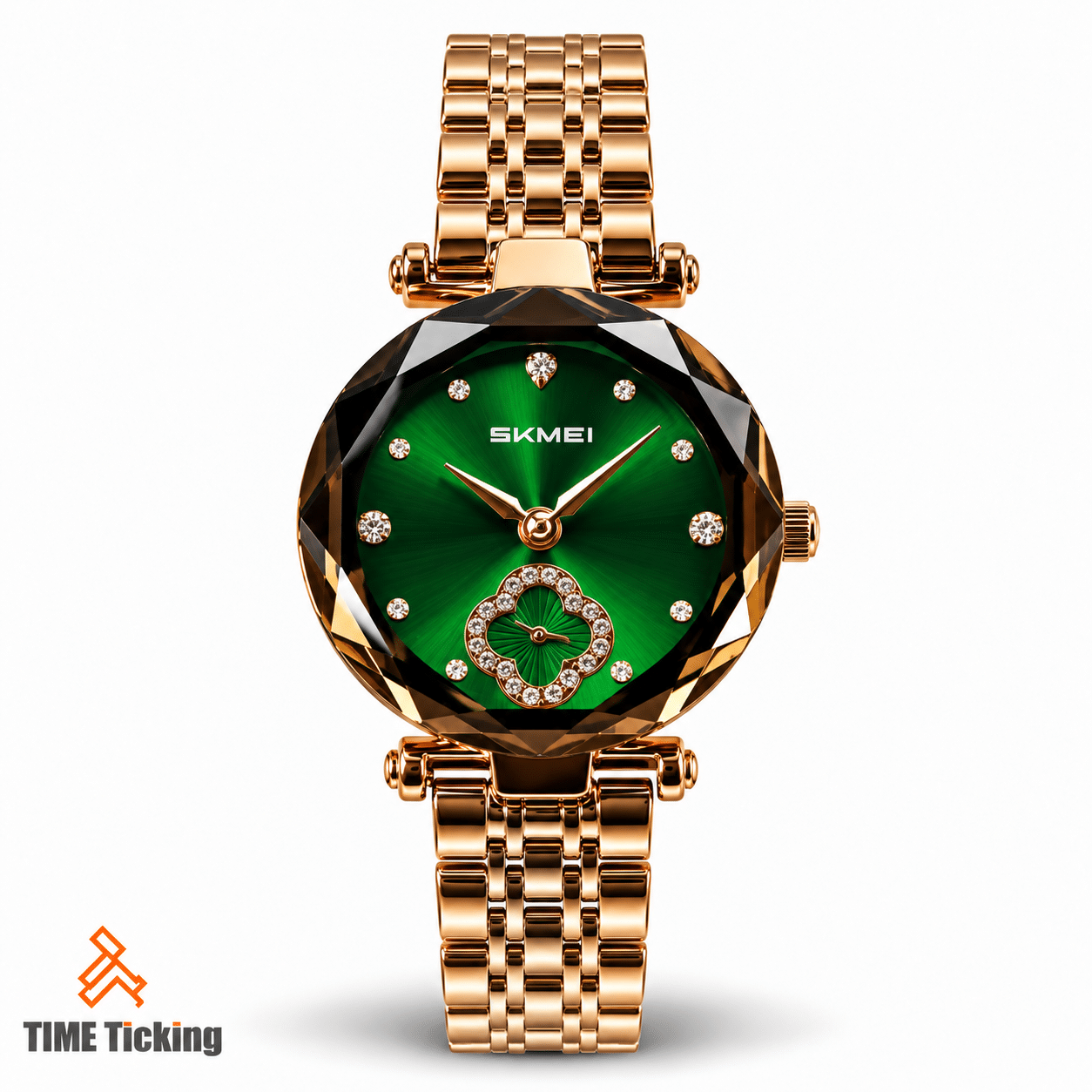 SKMEI 2718 women's rose gold watch featuring a green sunburst dial, faceted round case, crystal-style hour markers, decorative clover detail, and matching stainless steel bracelet.