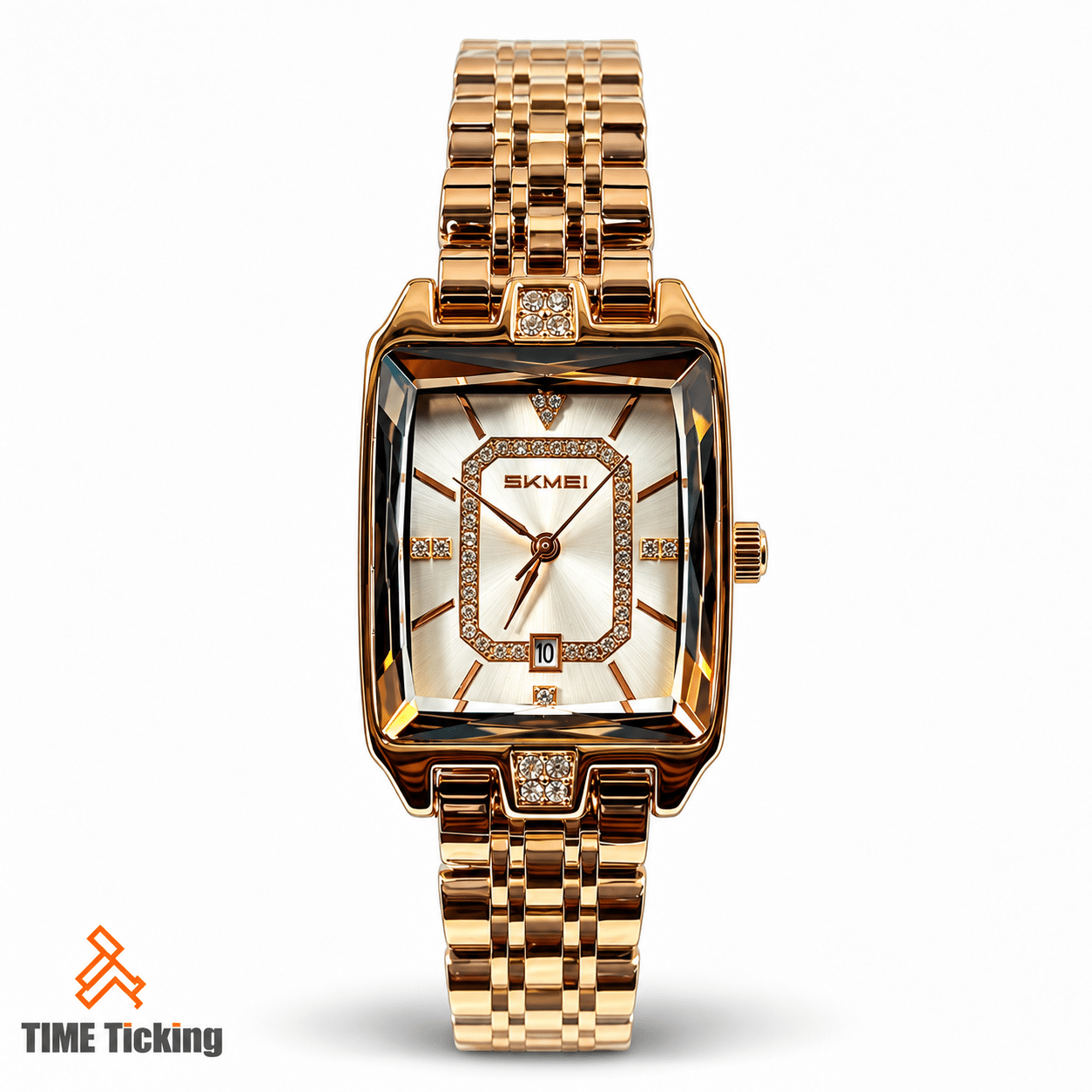 SKMEI 2781 women's rose gold watch featuring a silver sunburst dial, rectangular jeweled bezel, stainless steel bracelet, analog display and date window.
