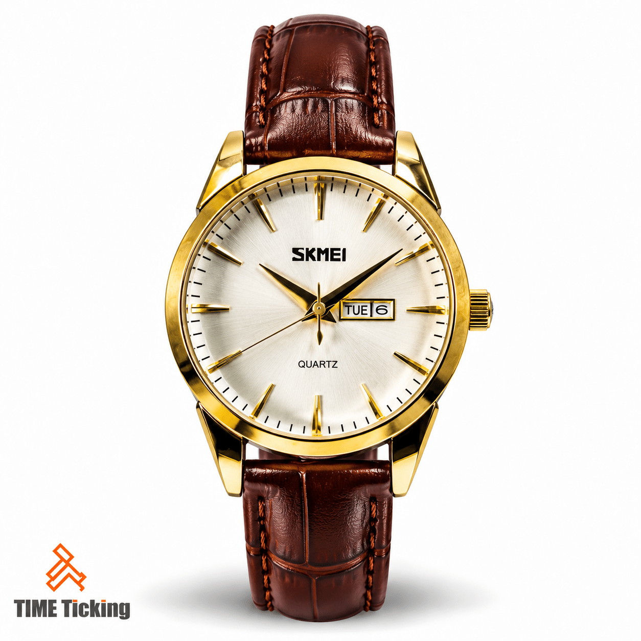 SKMEI 9073 women’s watch featuring a champagne-white dial, gold-tone case, dark brown leather-style strap, and day-date display.