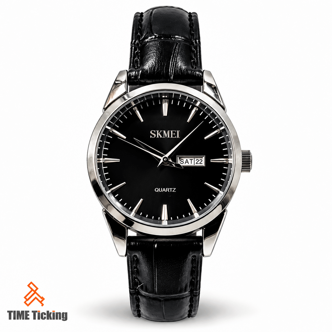 SKMEI 9073L women’s watch with a black round dial, silver-tone case, black leather strap, and day-date display.