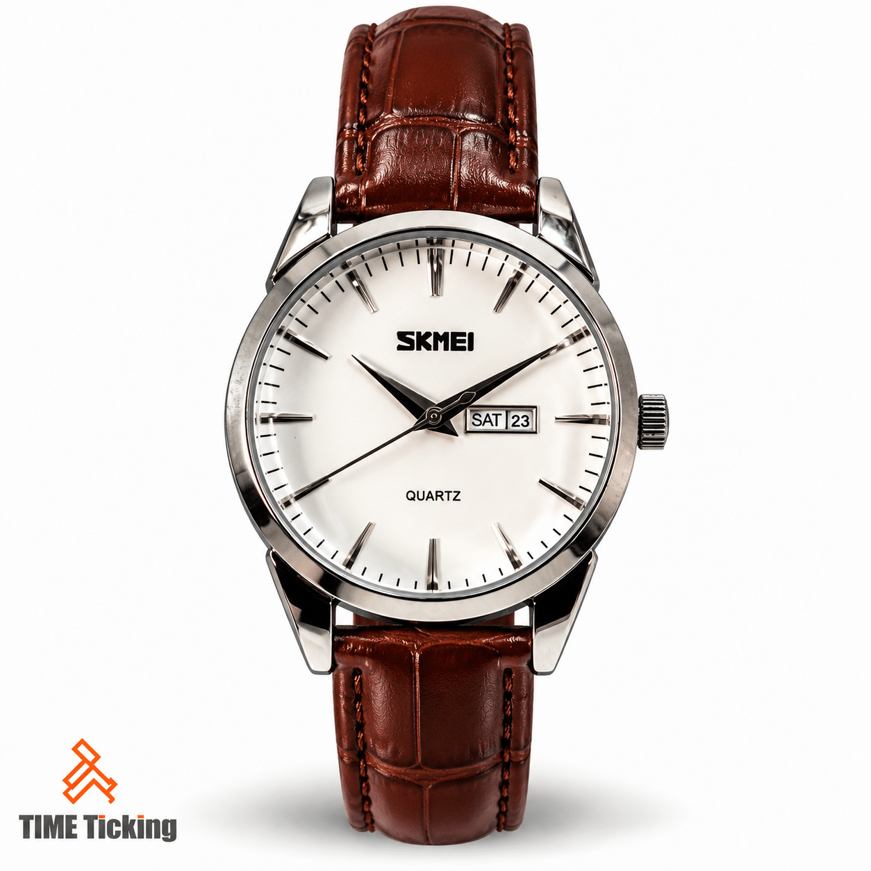 SKMEI 9073L women’s watch featuring a silver-white dial, polished silver-tone case, brown leather-style strap, and day-date display.
