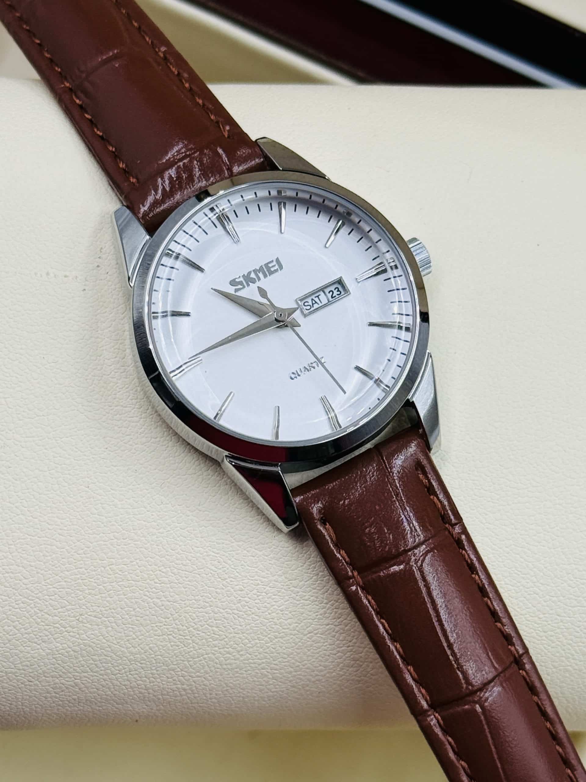 SKMEI 9073L Women’s Watch with Silver Dial & Brown Leather Strap - Image 2