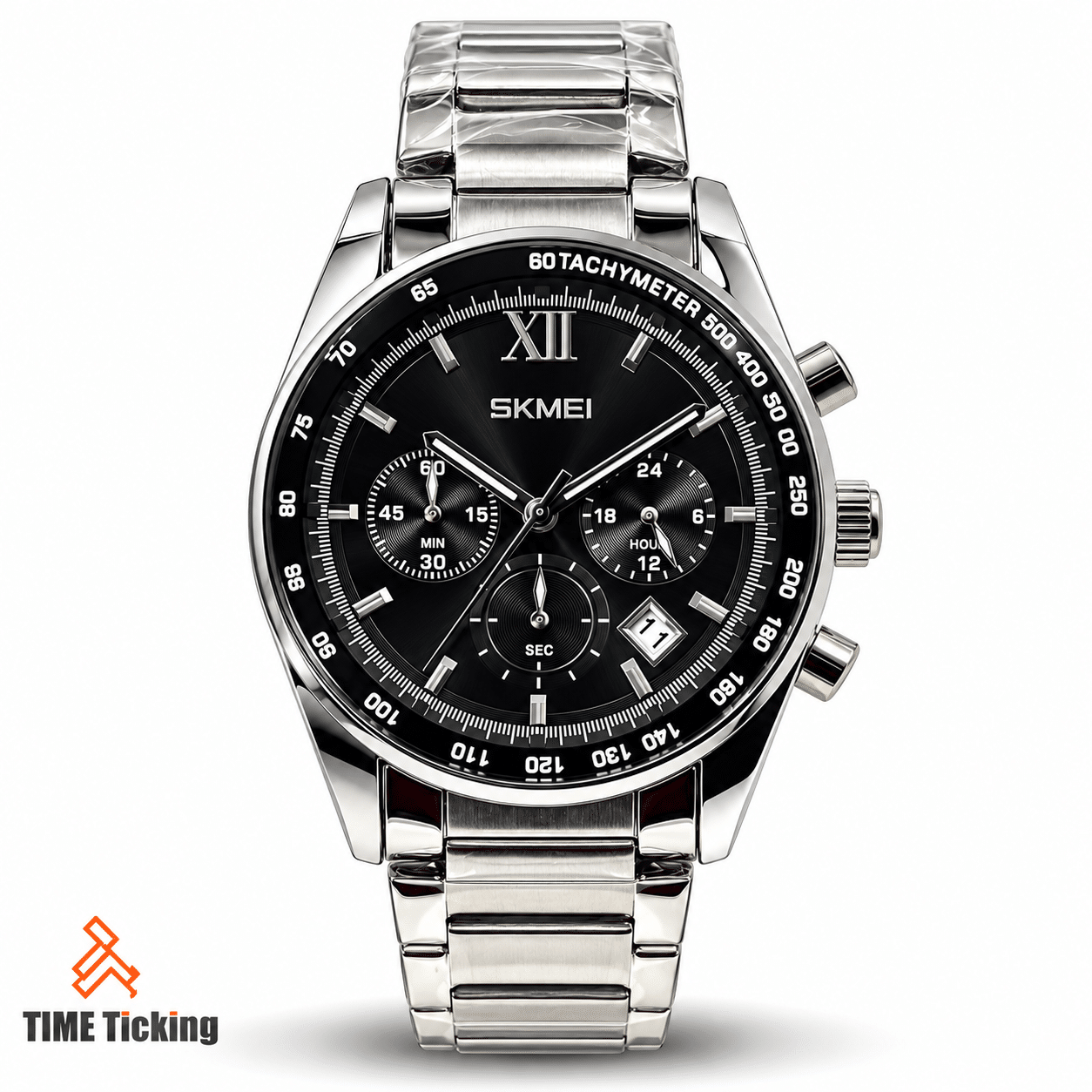 SKMEI 9096 men's chronograph watch with black tachymeter dial, silver stainless steel bracelet, three sub-dials and date display.