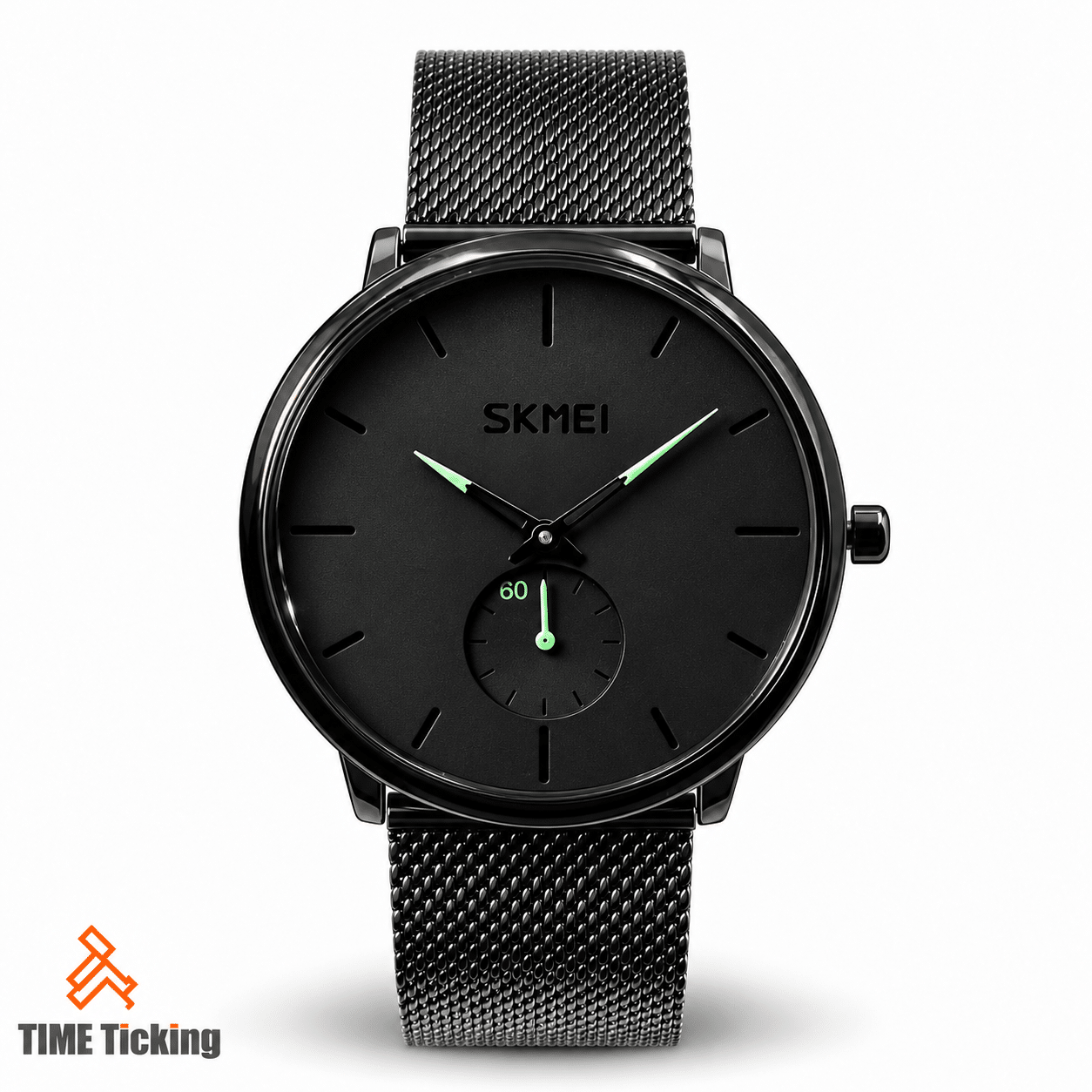 SKMEI 9185 all-black minimalist wristwatch with black dial, black mesh metal strap, green-accented hands and small seconds sub-dial.