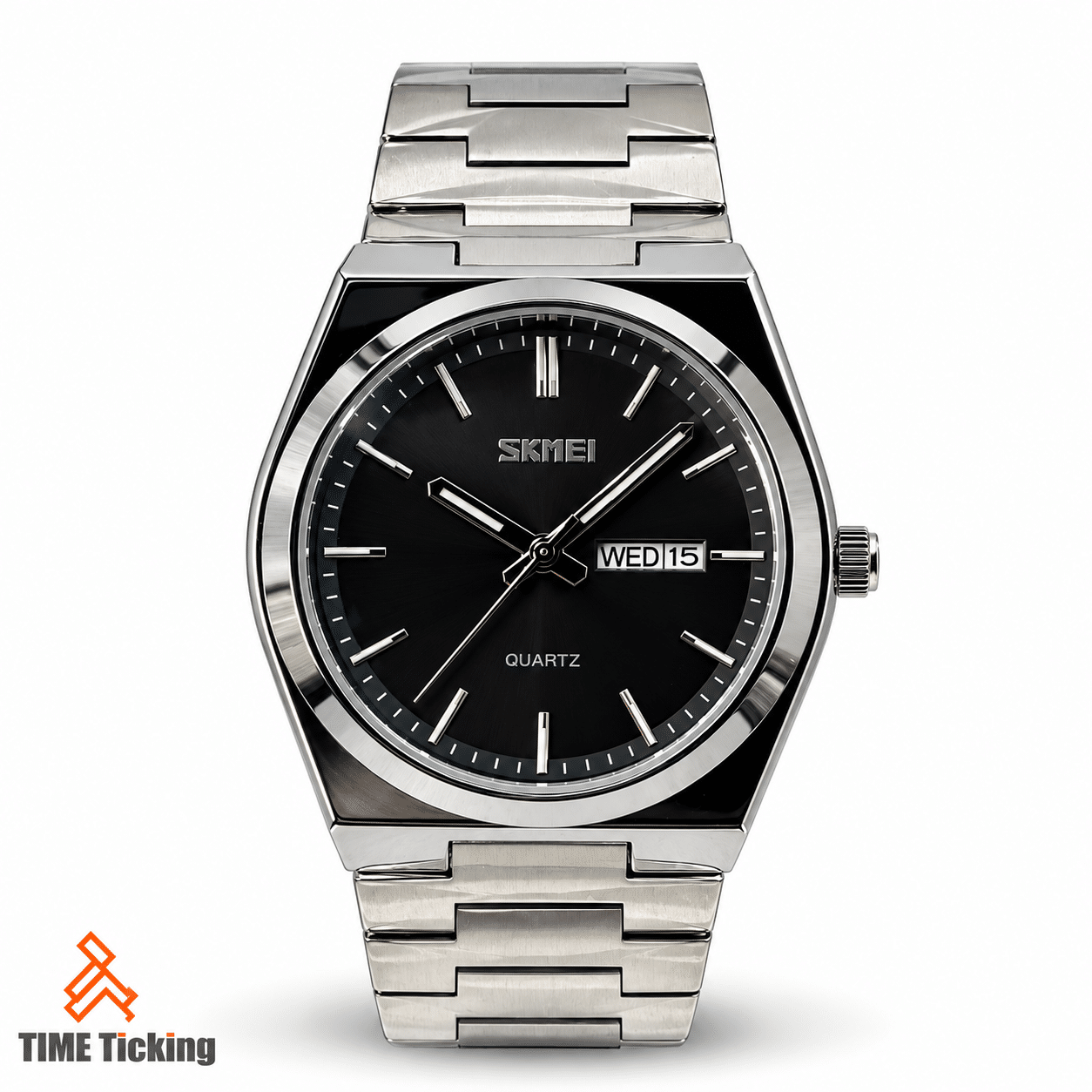 SKMEI 9288 men's watch with black sunray dial, silver-tone angular case, stainless steel bracelet and day-date display.