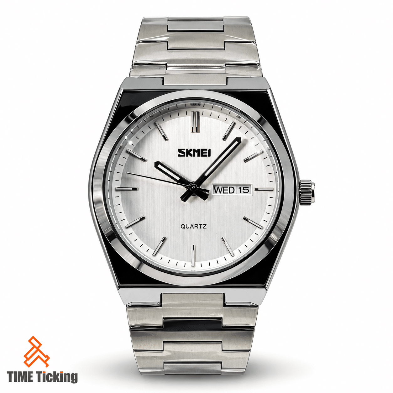SKMEI 9288 men's silver-tone watch with white sunray dial, angular stainless steel bracelet, analog hands and day-date display.