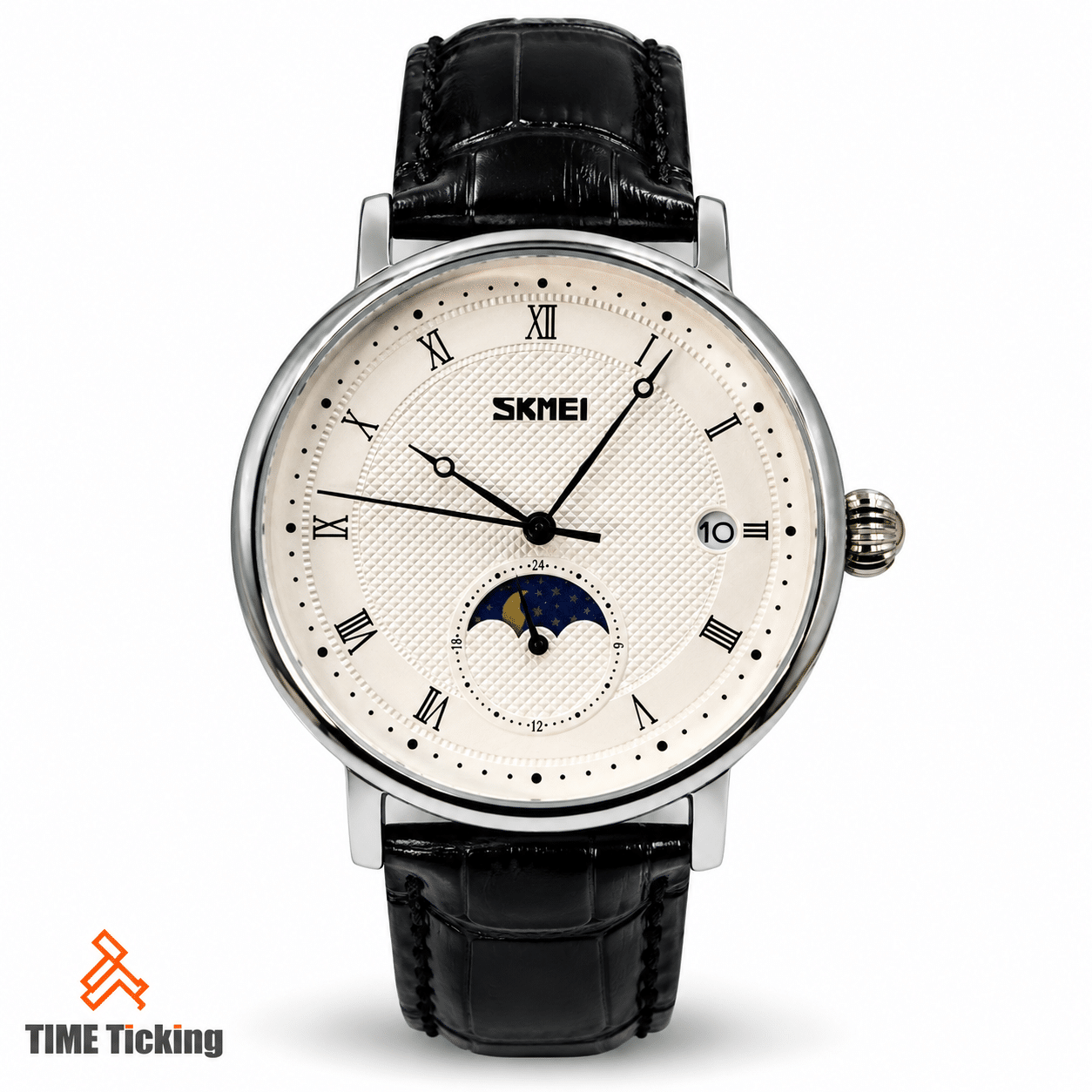 SKMEI 9308 men's silver-tone watch with white textured dial, black Roman numeral hour markers, black leather-style strap, date window, and moon-phase-style sub-dial.