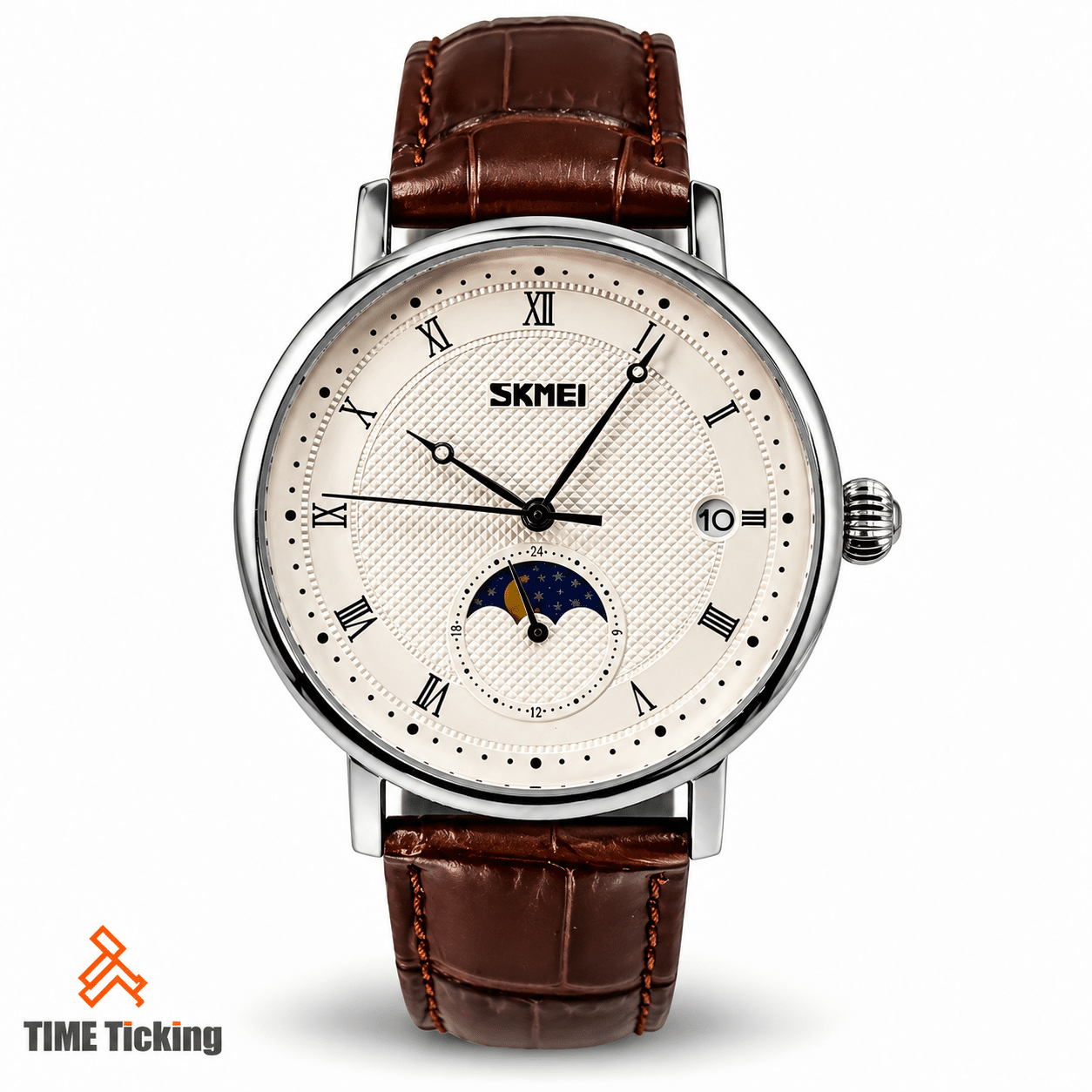 SKMEI 9308 men's silver-tone watch with white textured dial, black Roman numeral hour markers, brown leather-style strap, date window, and moon-phase-style sub-dial.
